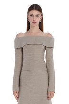 Off-Shoulder Long-sleeve Ruffle Detail Knitted Top & Skirt 2pics Suit