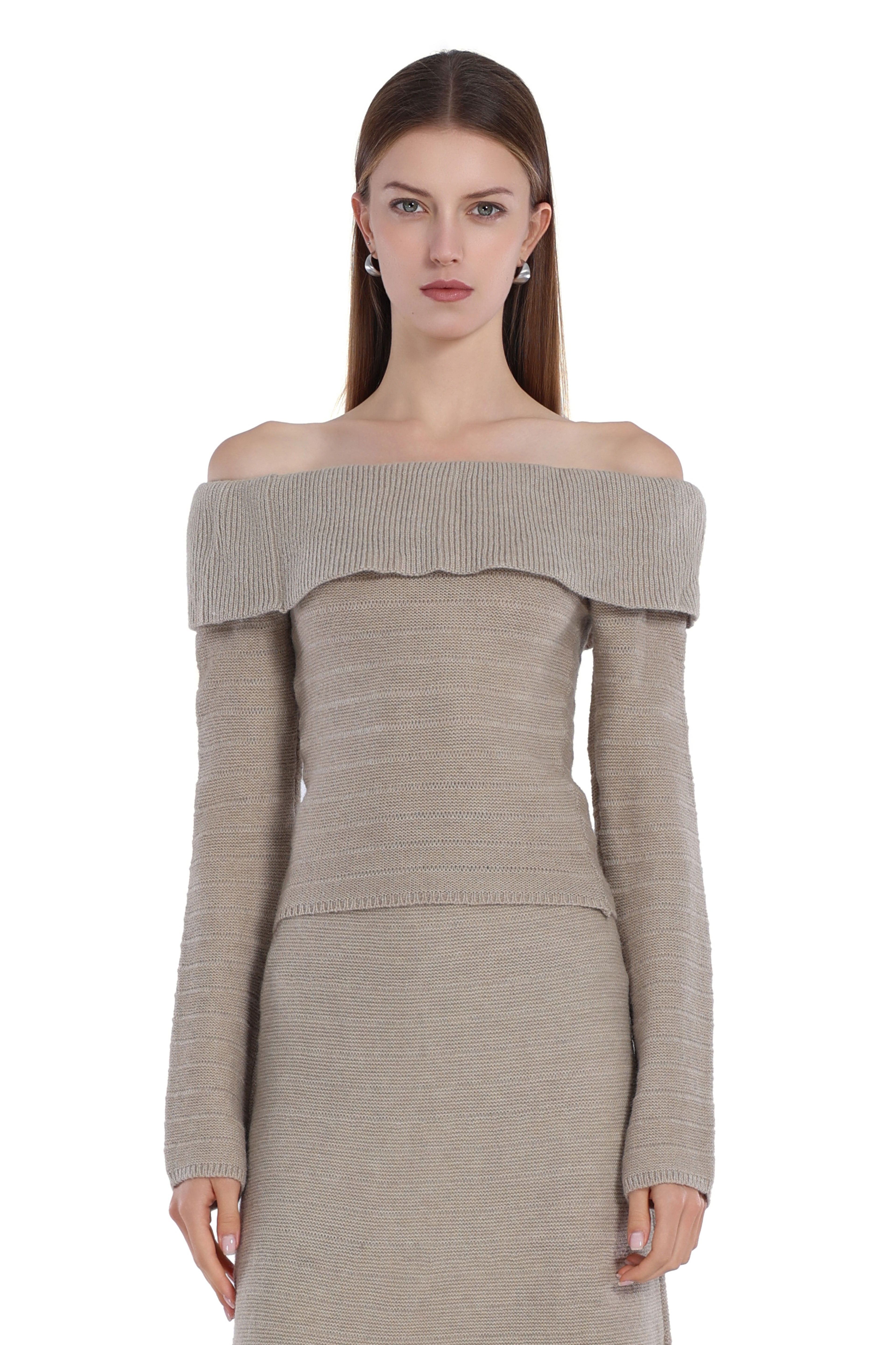 Off-Shoulder Long-sleeve Ruffle Detail Knitted Top & Skirt 2pics Suit