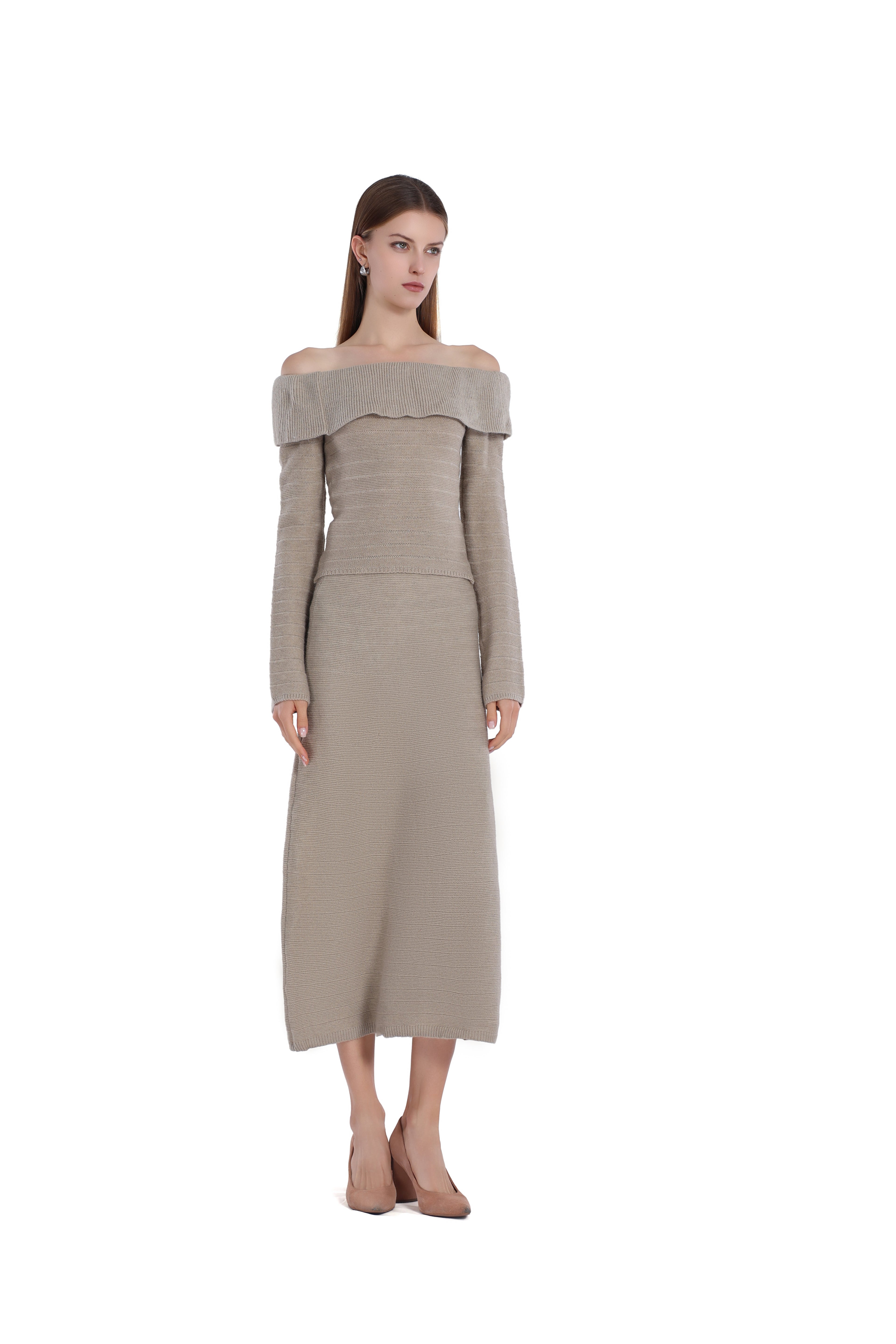 Off-Shoulder Long-sleeve Ruffle Detail Knitted Top & Skirt 2pics Suit