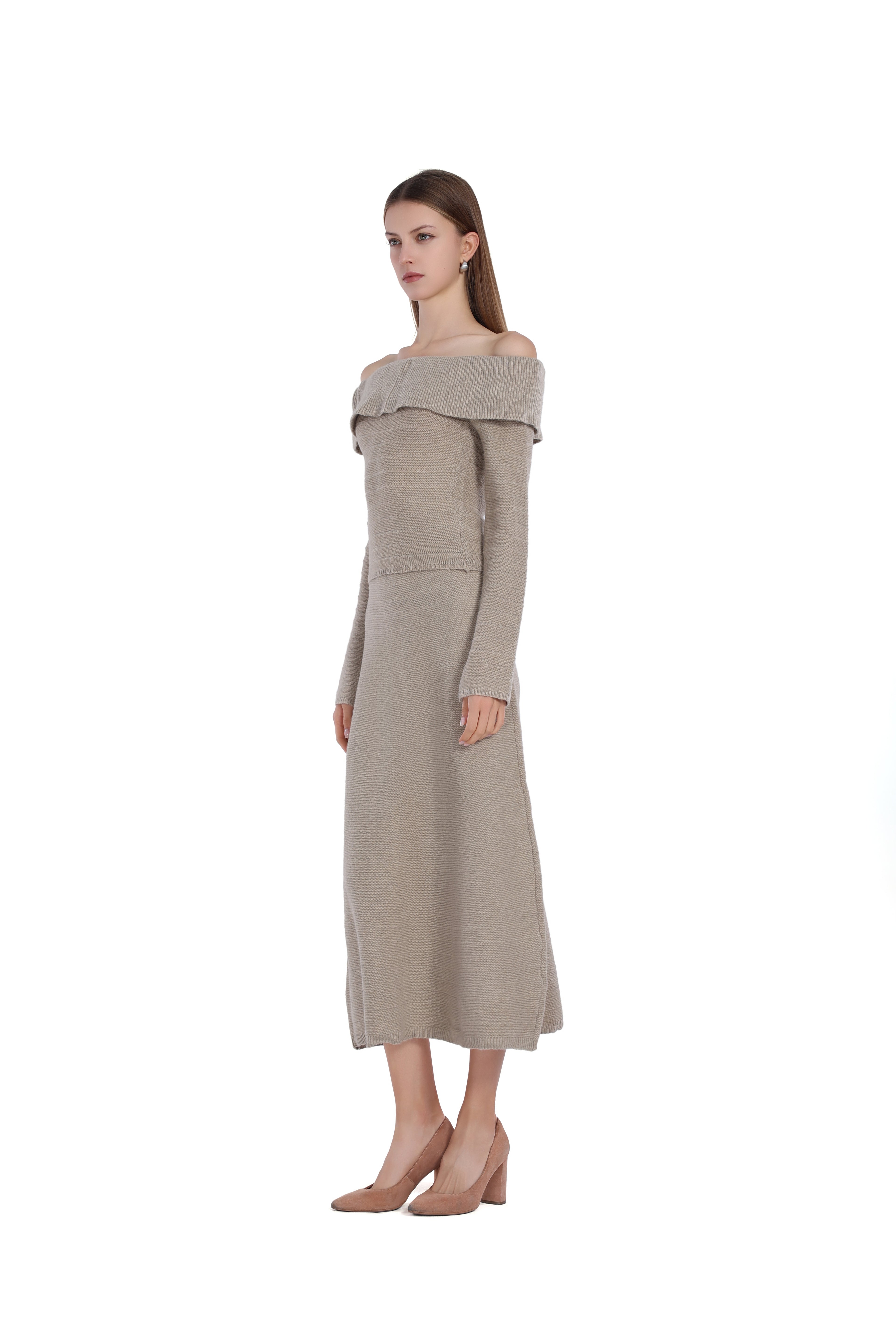Off-Shoulder Long-sleeve Ruffle Detail Knitted Top & Skirt 2pics Suit