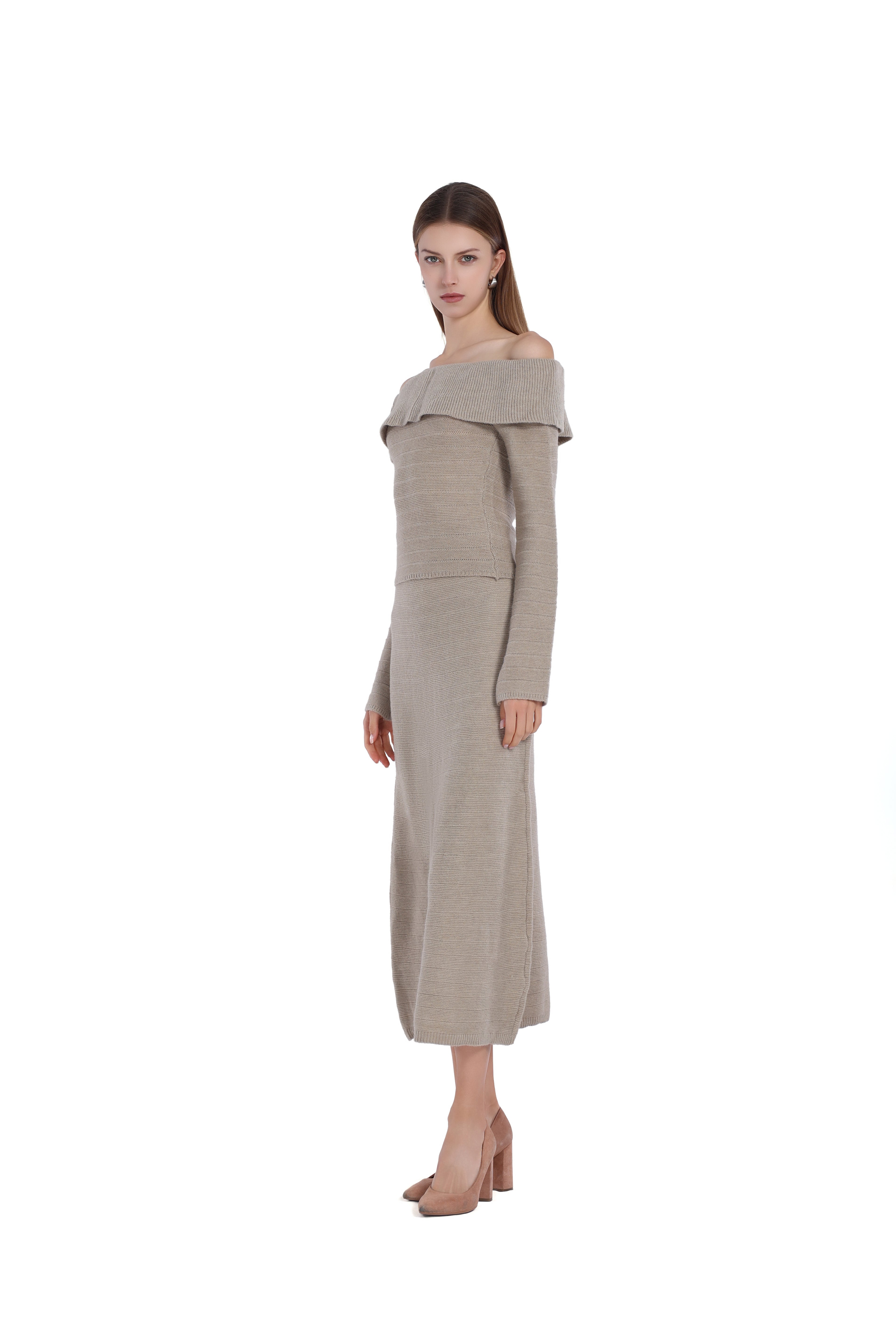 Off-Shoulder Long-sleeve Ruffle Detail Knitted Top & Skirt 2pics Suit