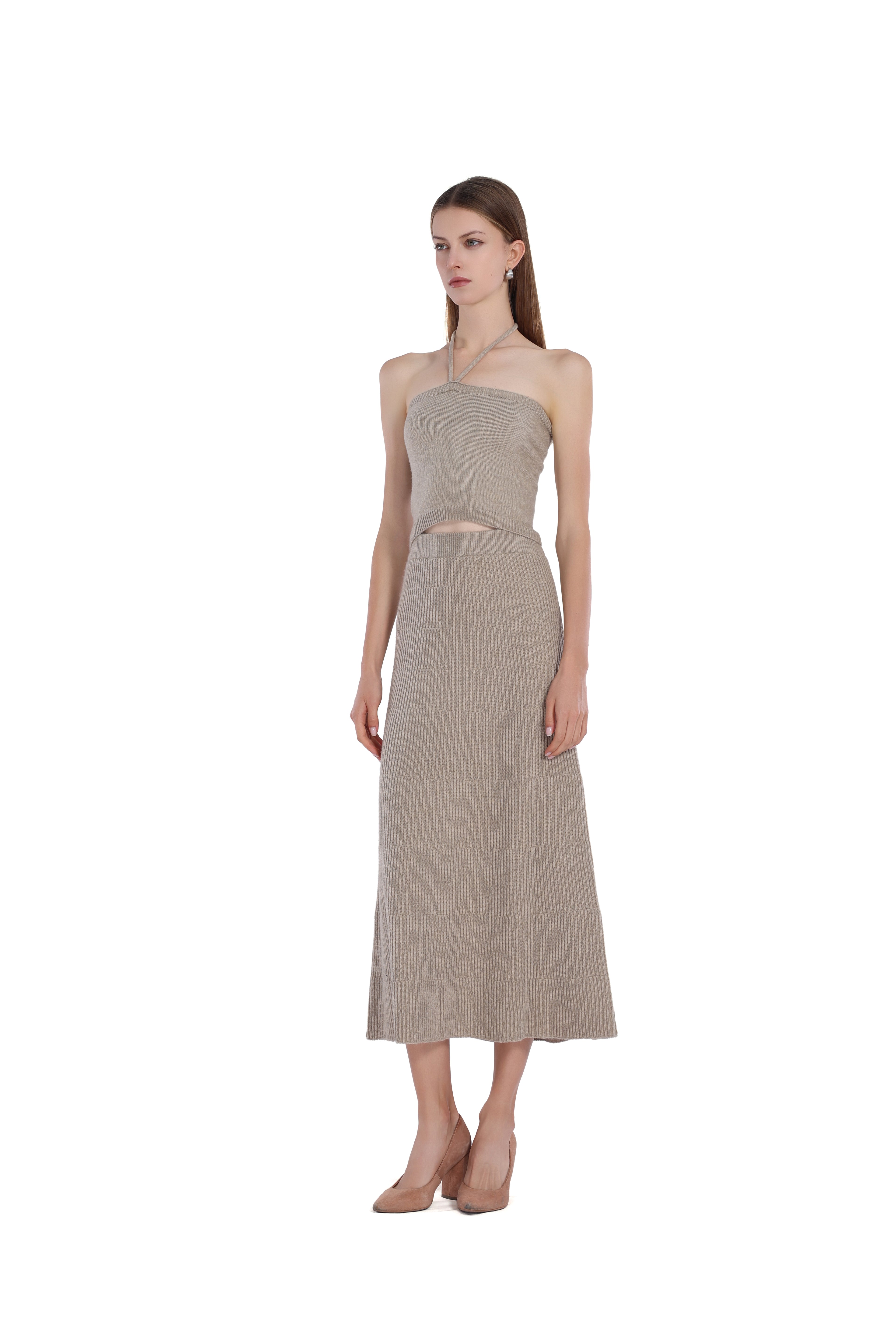 Halter Off-shoulder Sleeveless Top & Matching Skirt 2Pics Suit