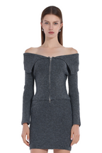 Off-shoulder Full Placket Metal Zip Ribbed Top & Matchin Skirt 2Pics Suit