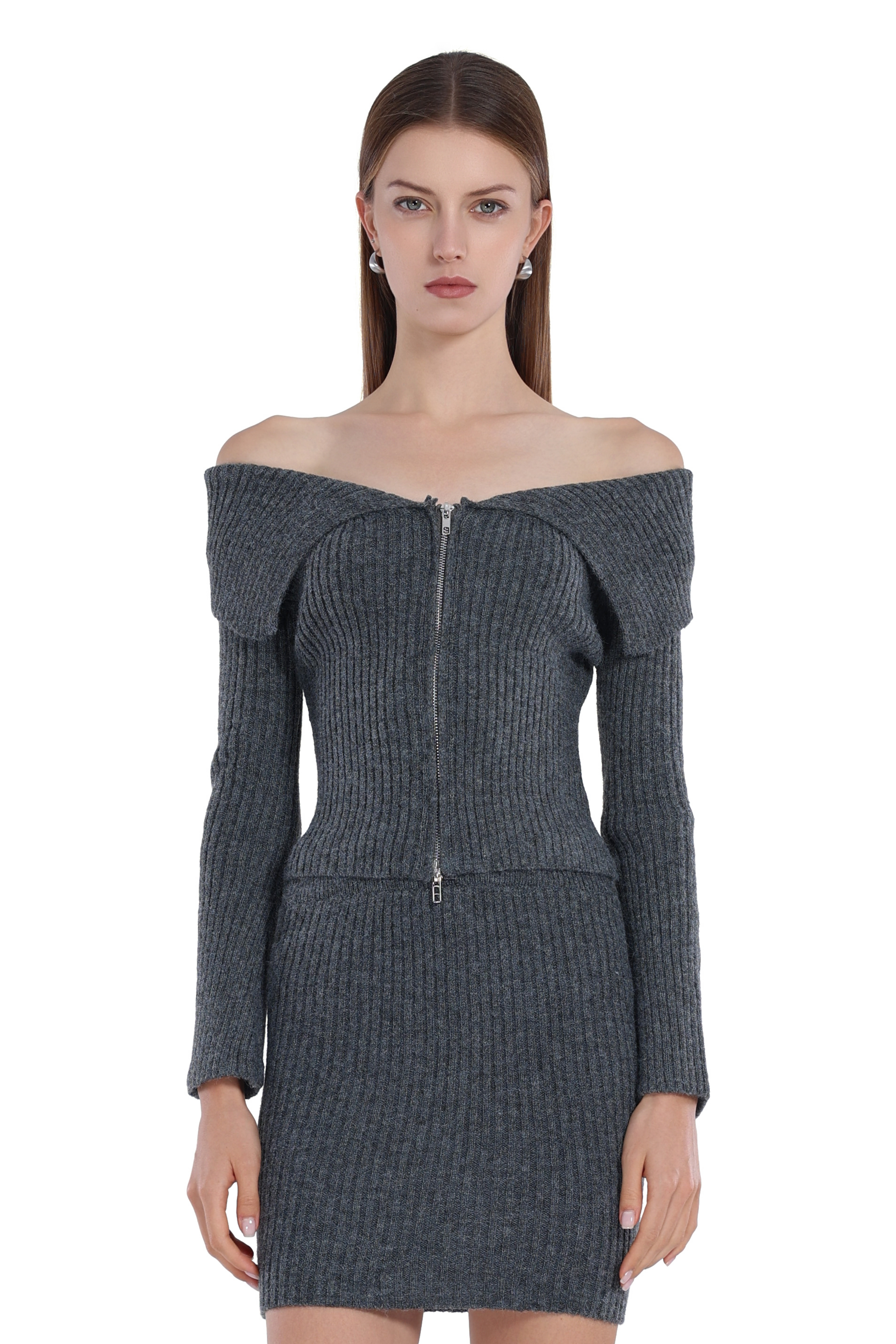 Off-shoulder Full Placket Metal Zip Ribbed Top & Matchin Skirt 2Pics Suit