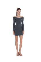Off-shoulder Full Placket Metal Zip Ribbed Top & Matchin Skirt 2Pics Suit