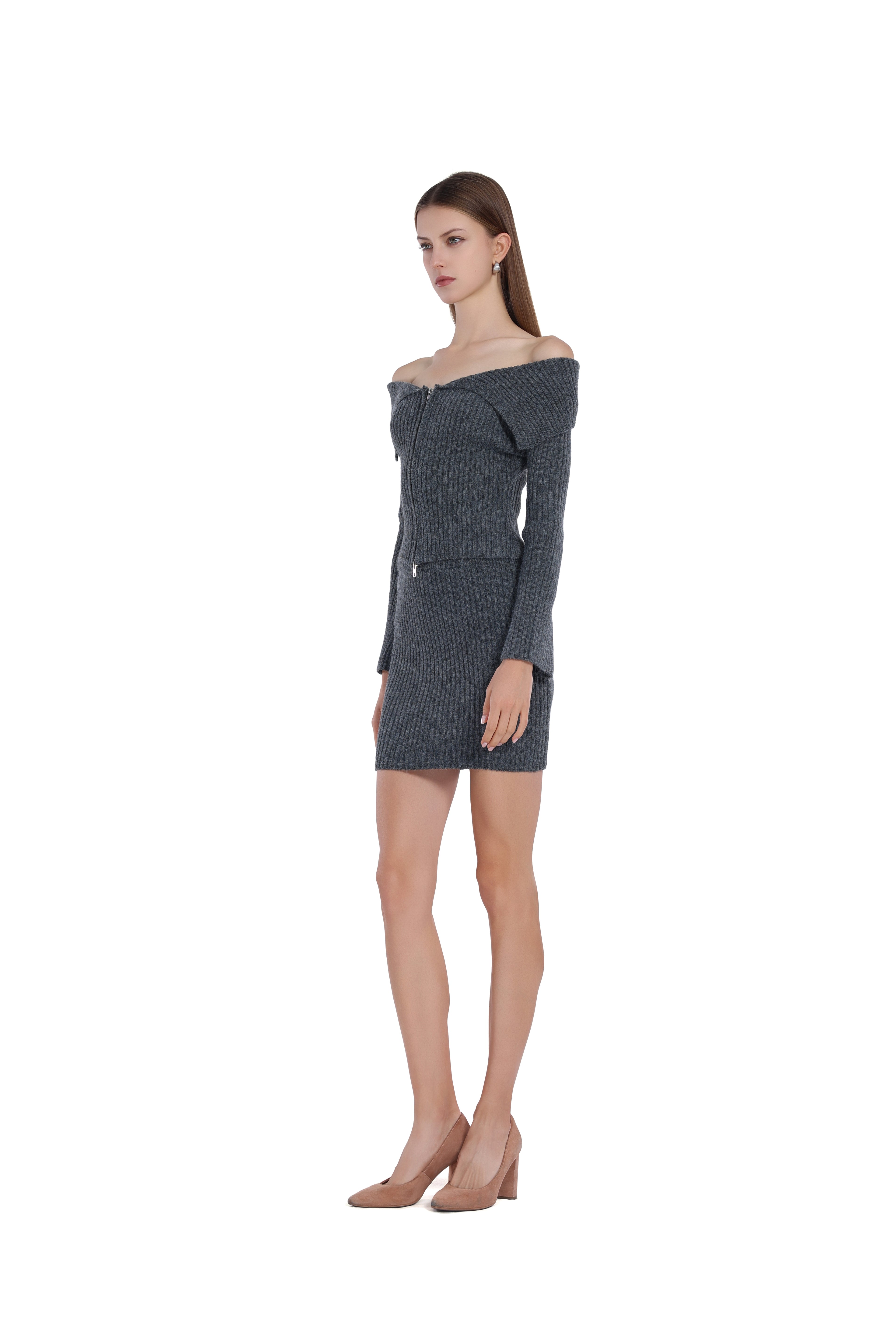 Off-shoulder Full Placket Metal Zip Ribbed Top & Matchin Skirt 2Pics Suit
