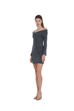 Off-shoulder Full Placket Metal Zip Ribbed Top & Matchin Skirt 2Pics Suit