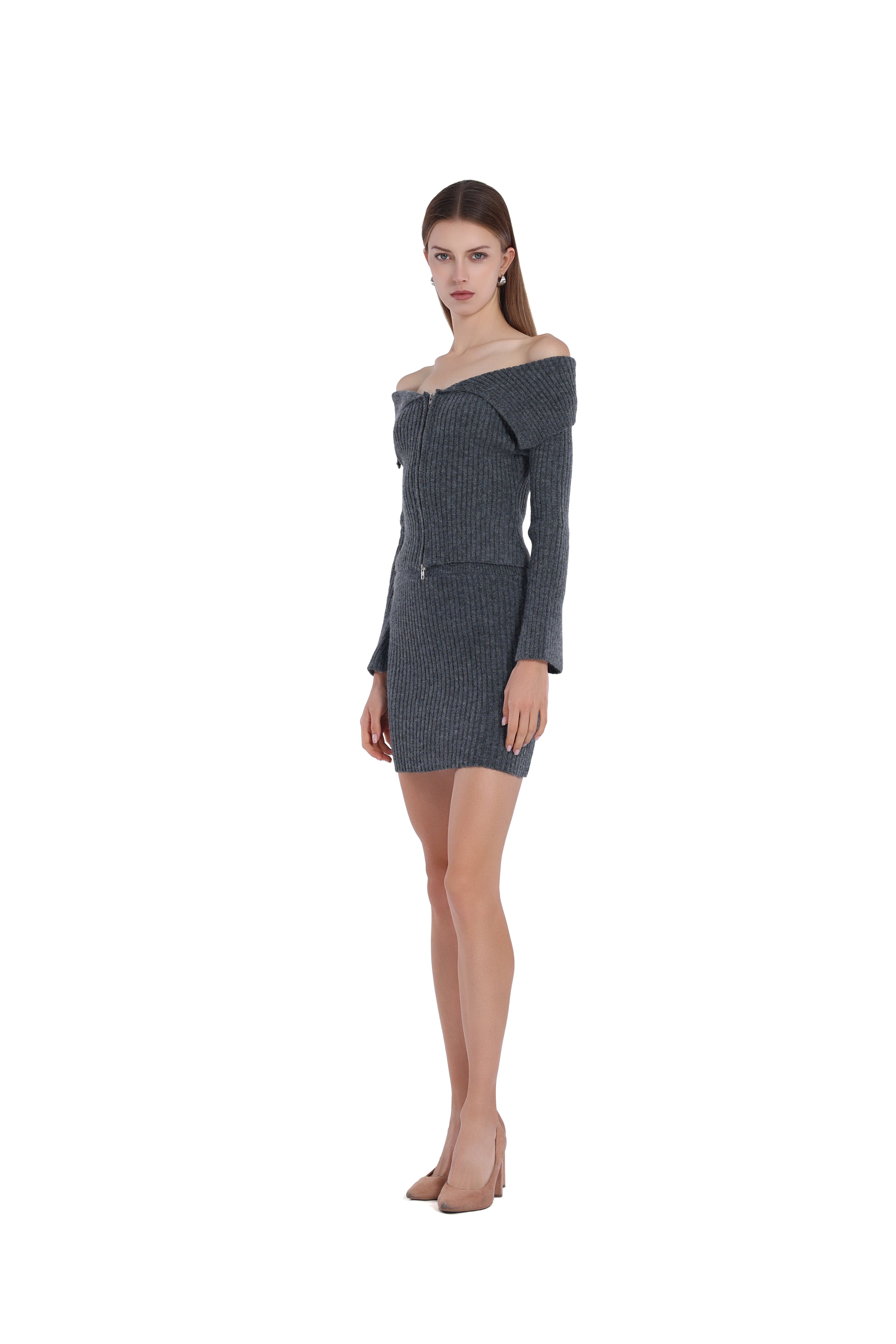 Off-shoulder Full Placket Metal Zip Ribbed Top & Matchin Skirt 2Pics Suit