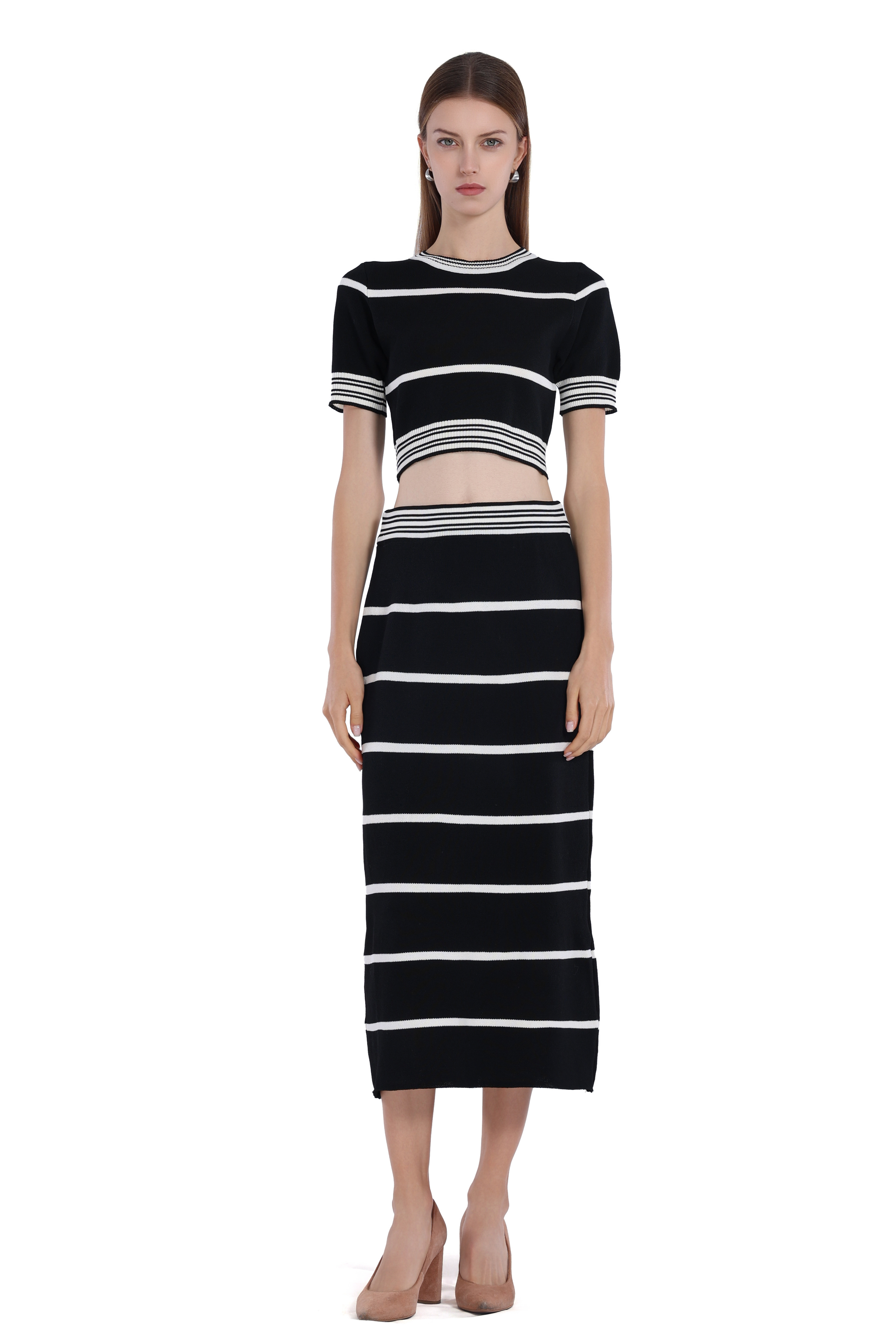 Black&White Stripes Short-Sleeve Cropped Top & Skirt 2pics Suit