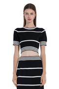 Black White Stripes Short-Sleeve Cropped Top & Skirt 2pics Suit