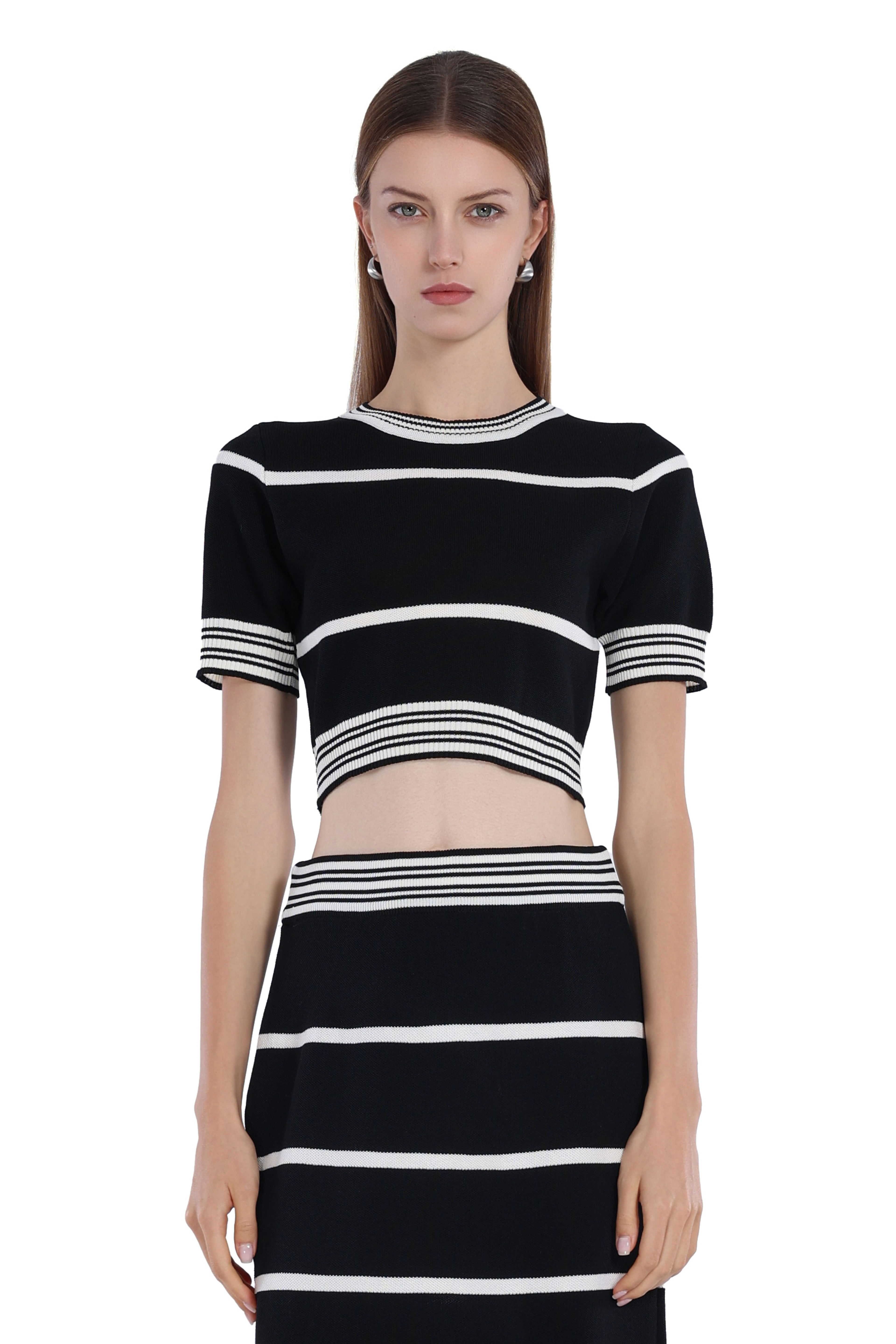 Black&White Stripes Short-Sleeve Cropped Top & Skirt 2pics Suit