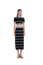 Black White Stripes Short-Sleeve Cropped Top & Skirt 2pics Suit
