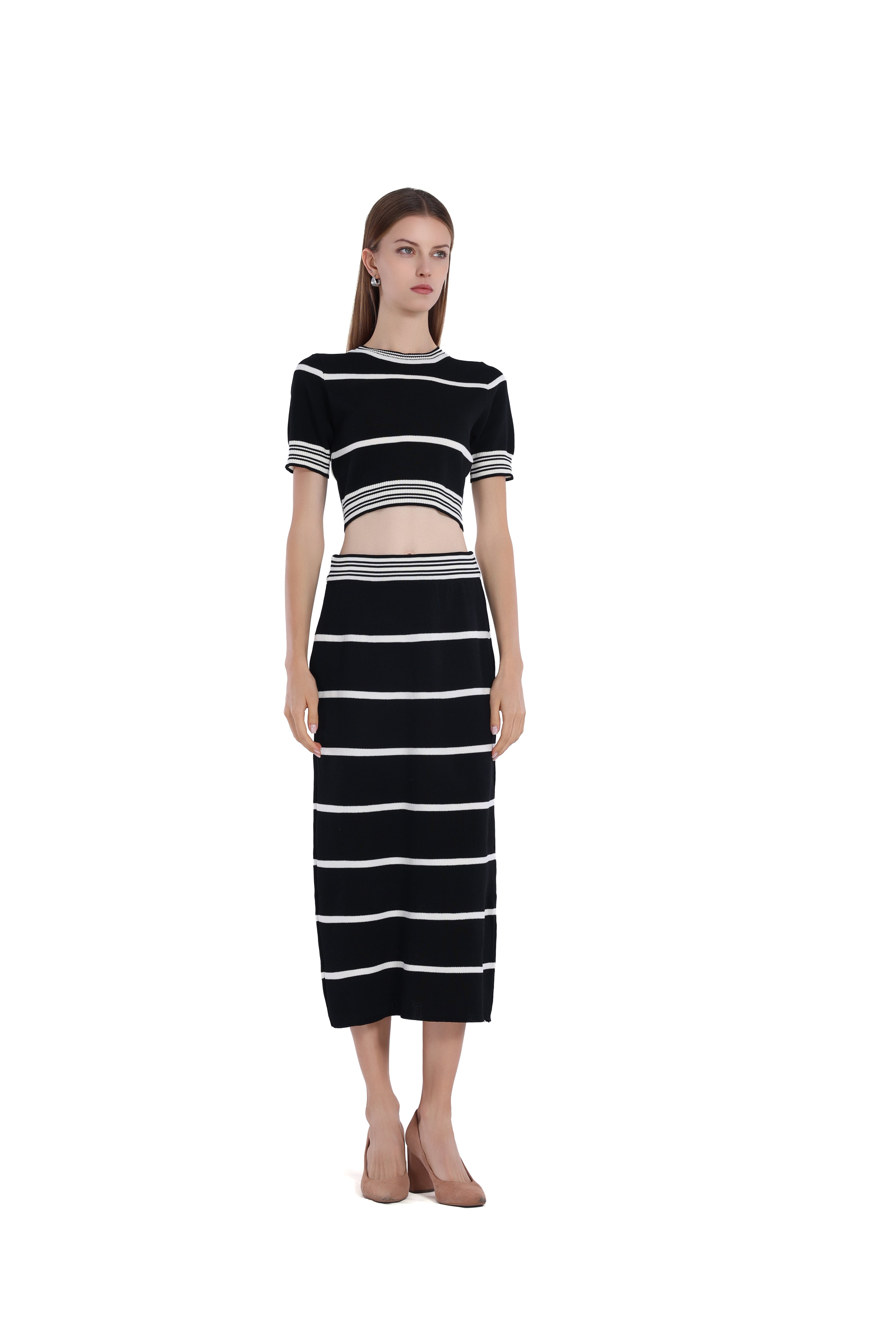 Black&White Stripes Short-Sleeve Cropped Top & Skirt 2pics Suit
