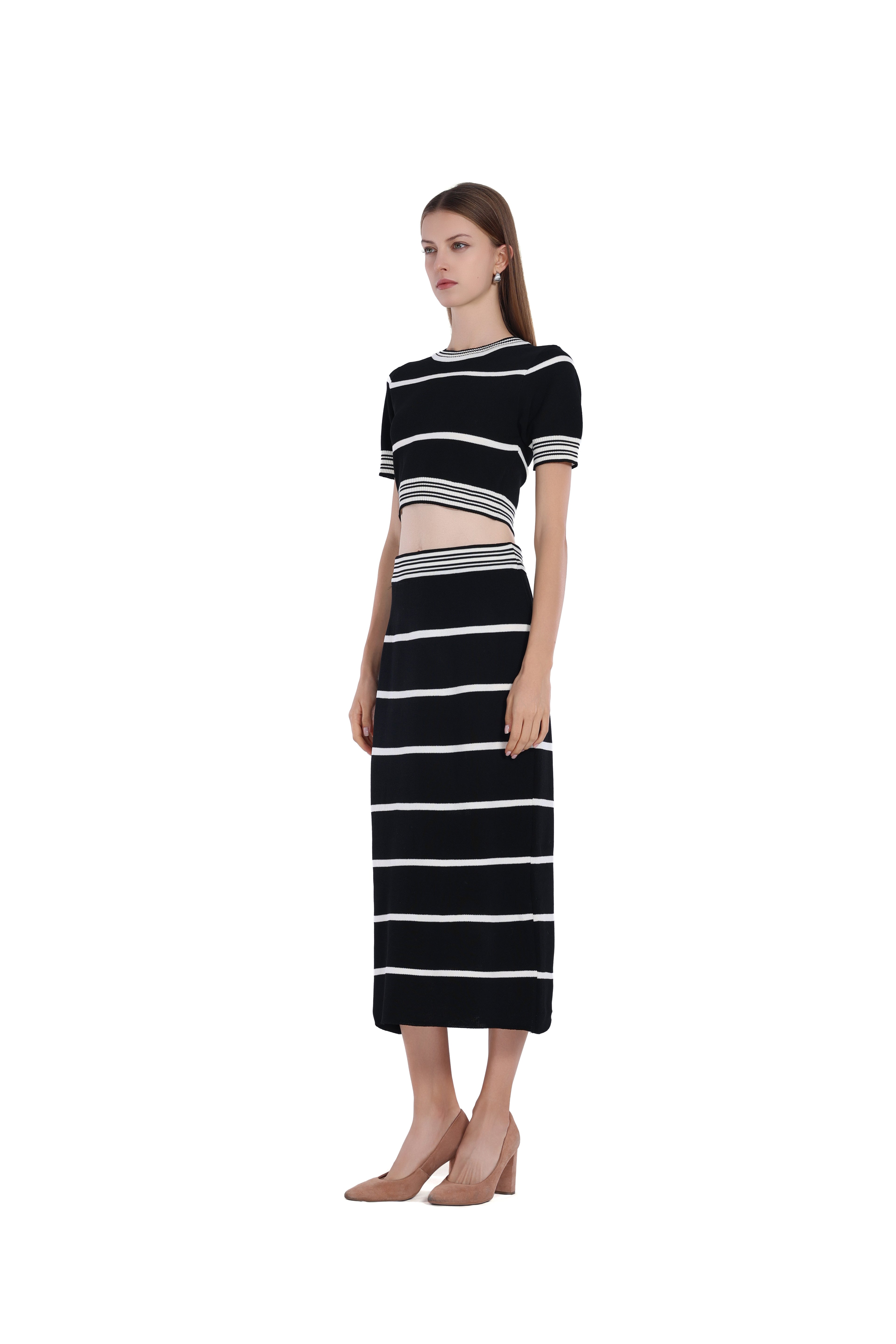 Black&White Stripes Short-Sleeve Cropped Top & Skirt 2pics Suit
