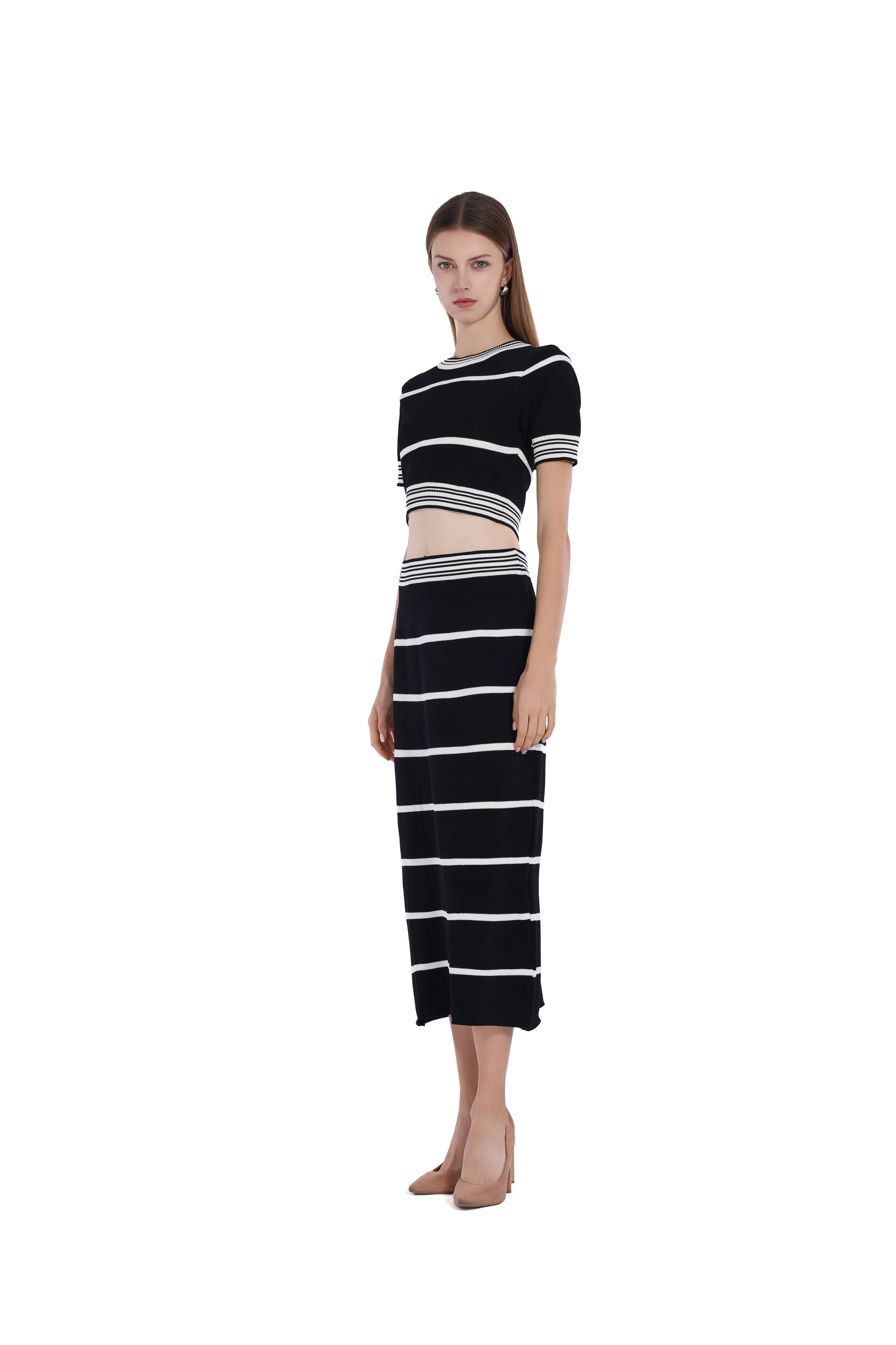 Black&White Stripes Short-Sleeve Cropped Top & Skirt 2pics Suit