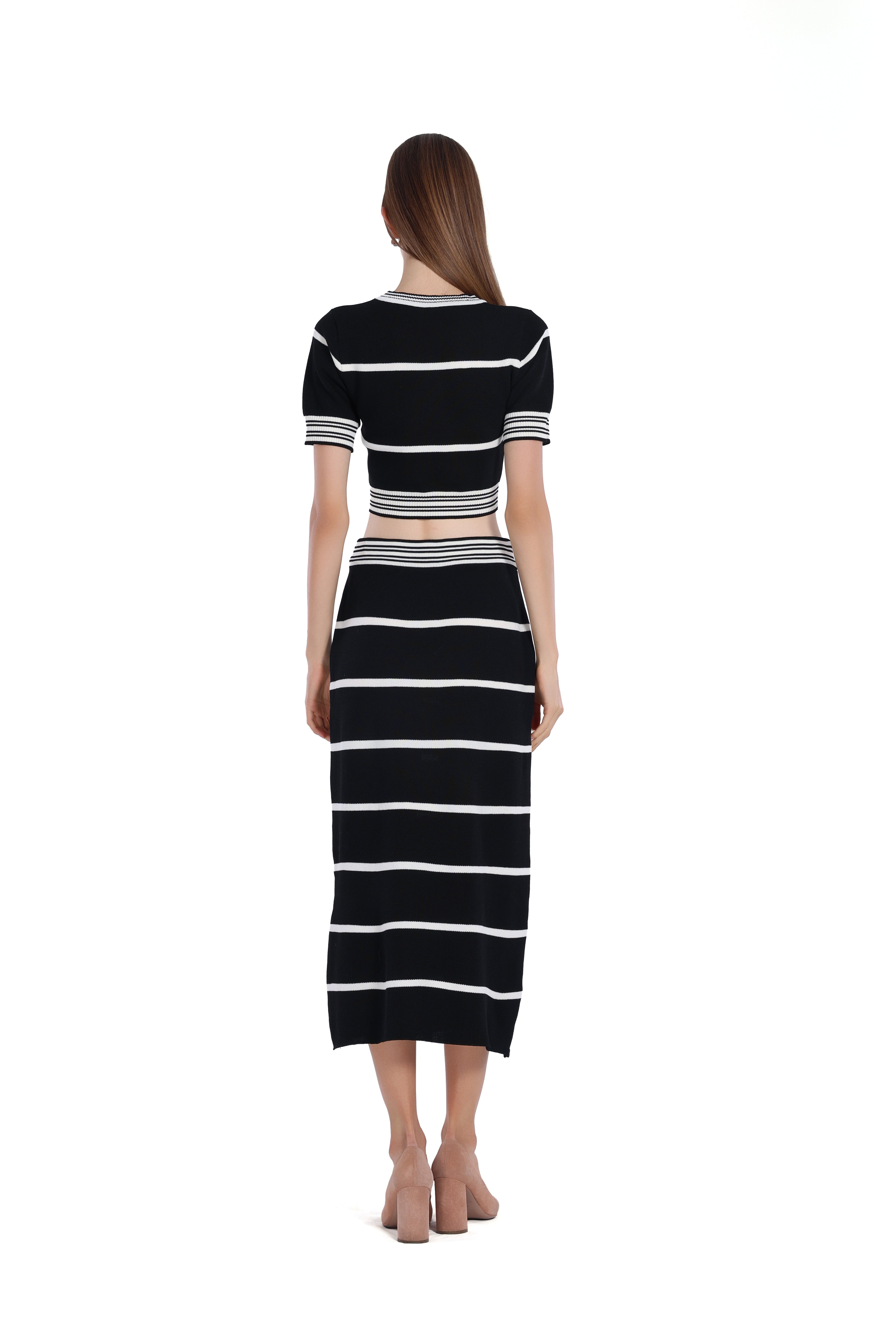 Black&White Stripes Short-Sleeve Cropped Top & Skirt 2pics Suit