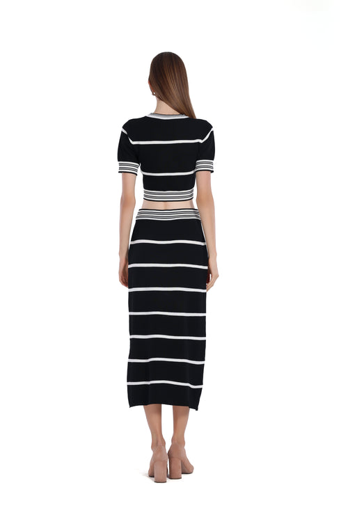 Black White Stripes Short-Sleeve Cropped Top & Skirt 2pics Suit