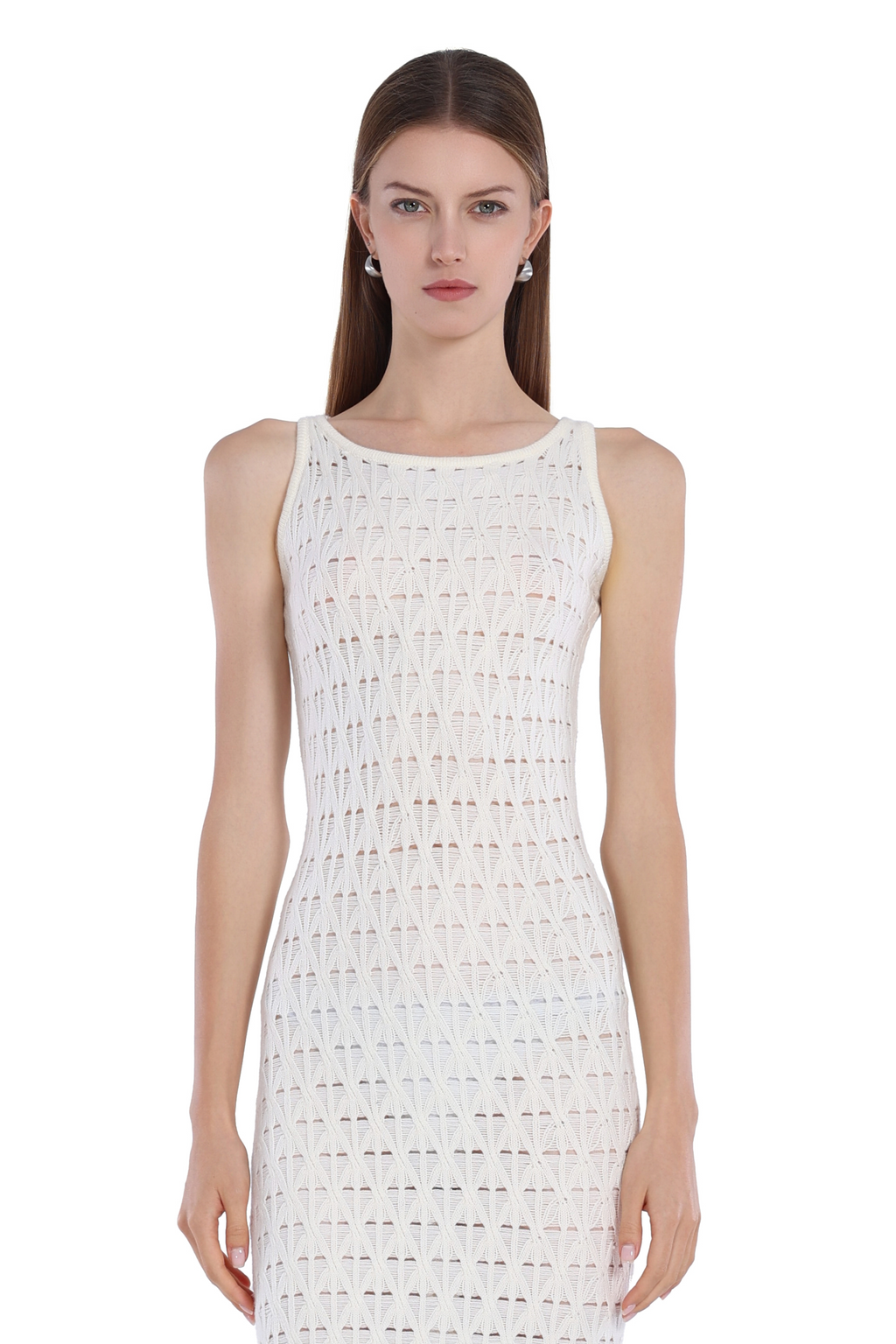 Sleeveless Crew Neck Hollow-out Scalloped Hem Knitted Midi Dress