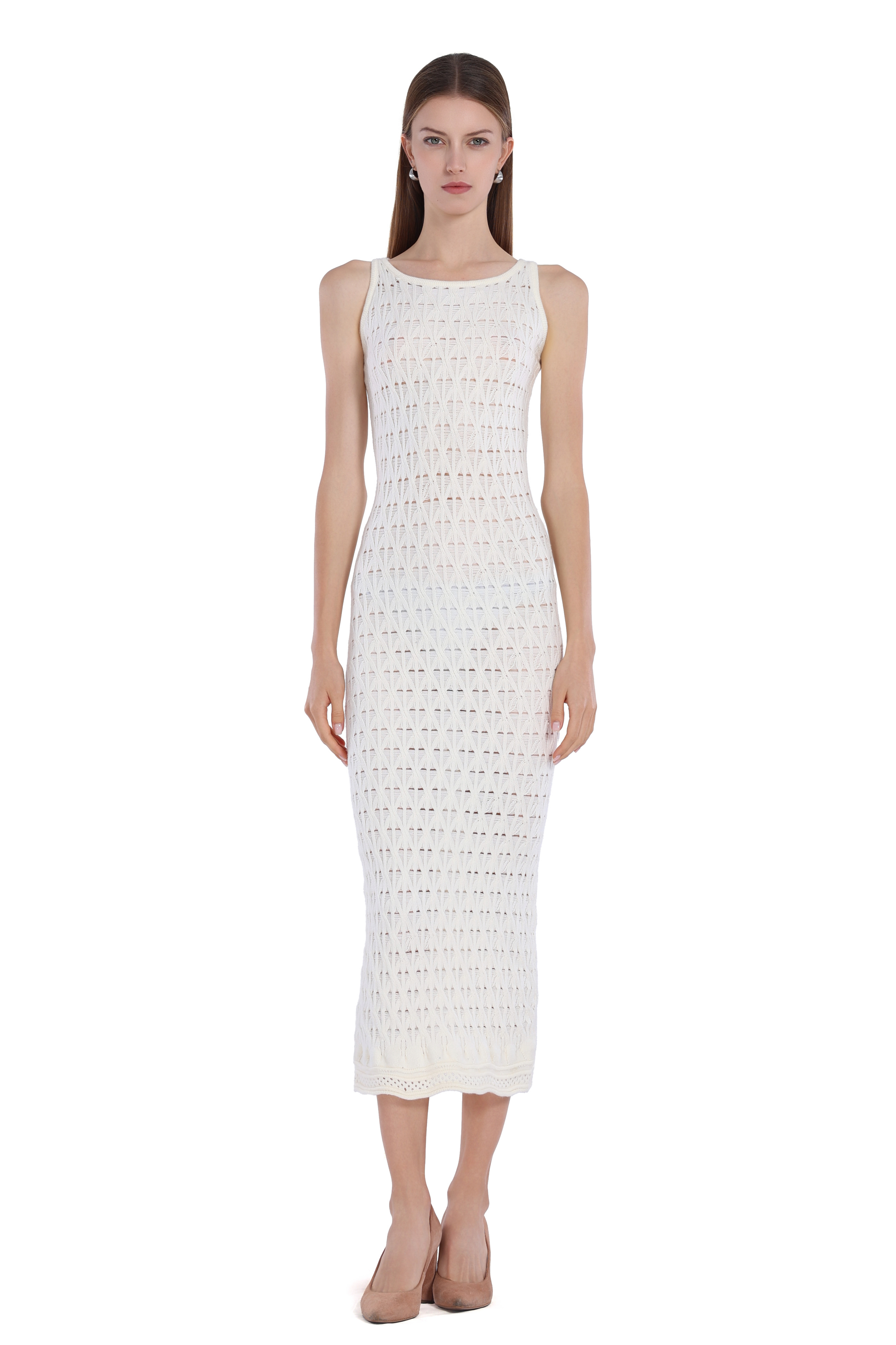 Sleeveless Crew Neck Hollow-out Scalloped Hem Knitted Midi Dress