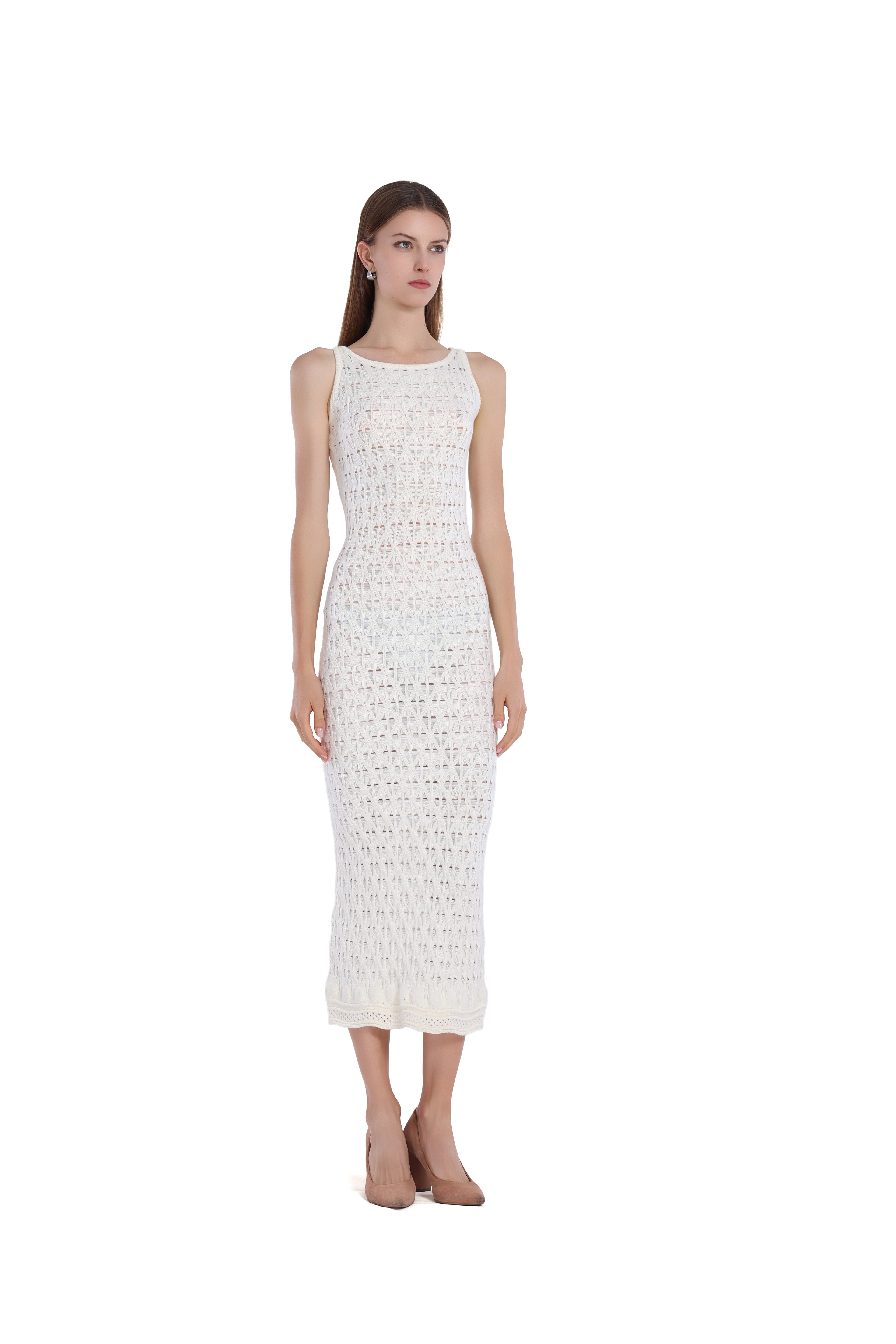 Sleeveless Crew Neck Hollow-out Scalloped Hem Knitted Midi Dress