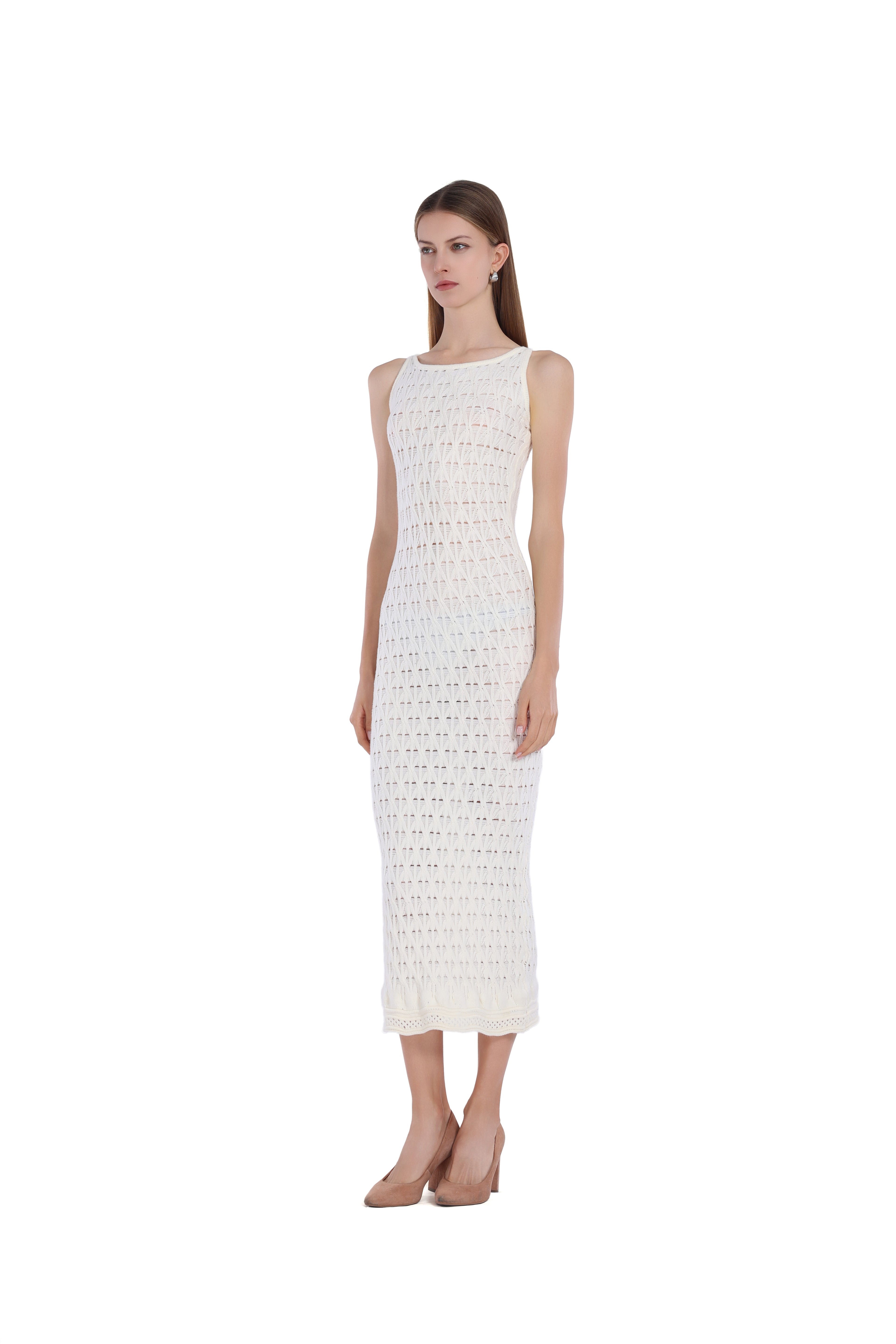 Sleeveless Crew Neck Hollow-out Scalloped Hem Knitted Midi Dress