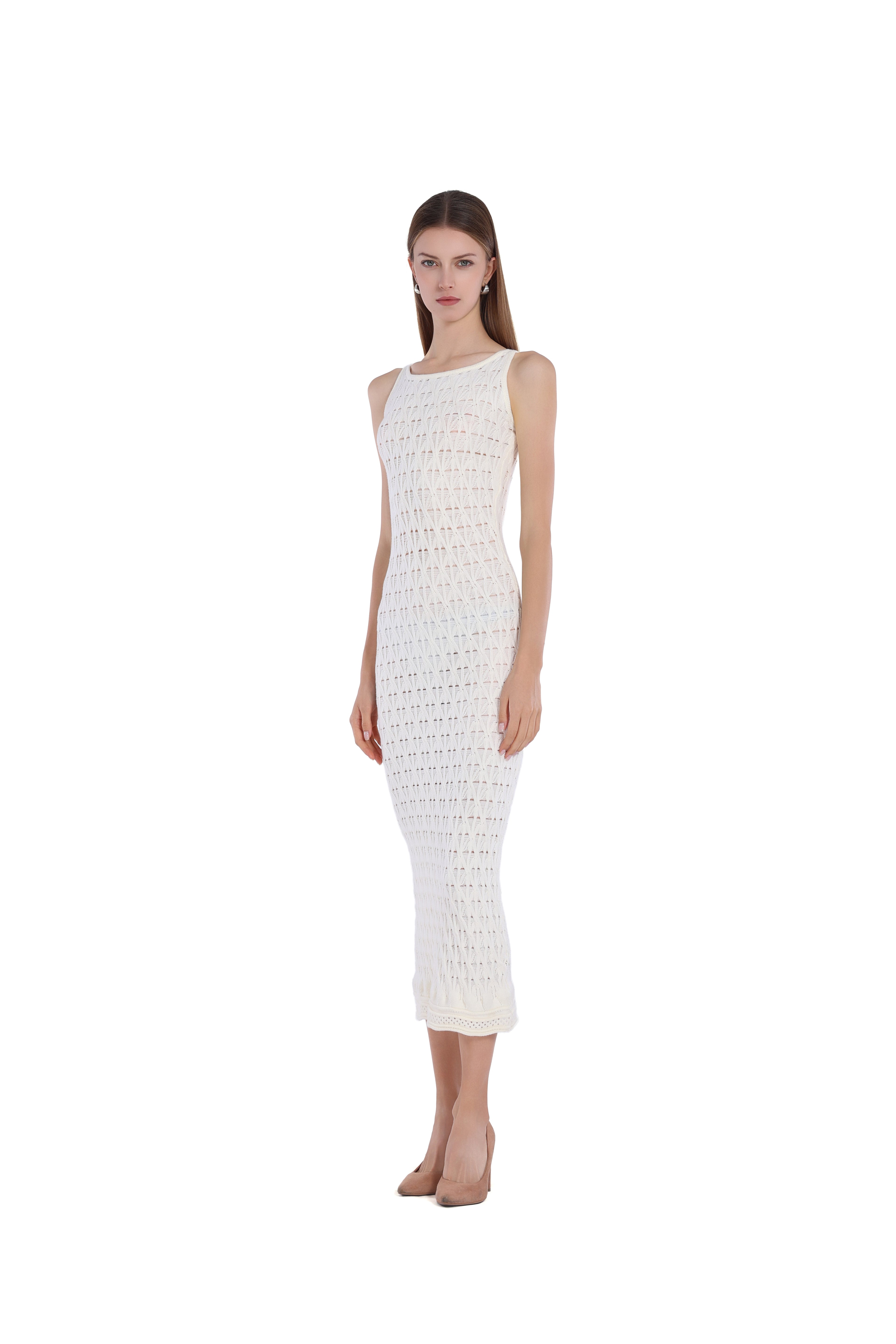 Sleeveless Crew Neck Hollow-out Scalloped Hem Knitted Midi Dress