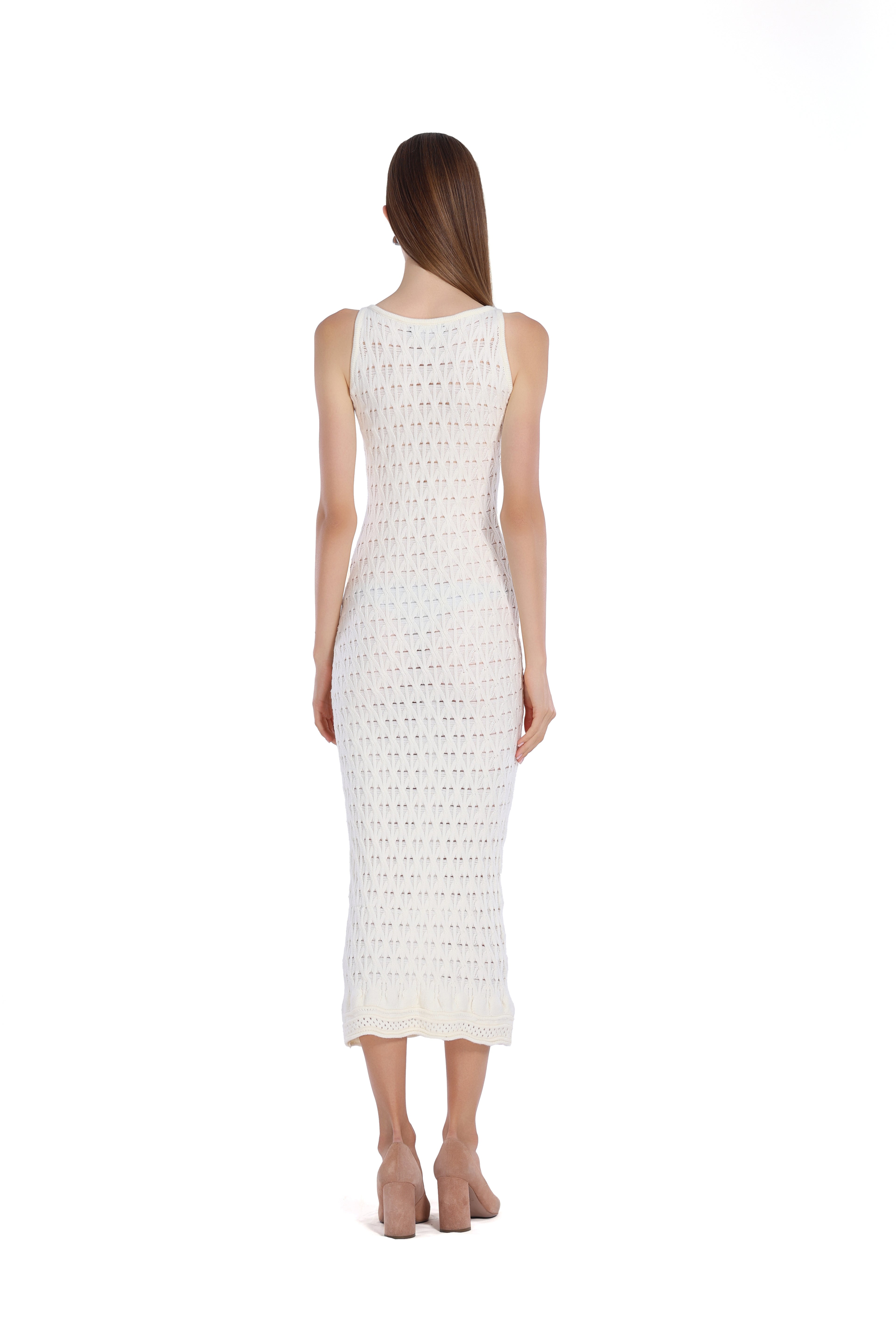 Sleeveless Crew Neck Hollow-out Scalloped Hem Knitted Midi Dress