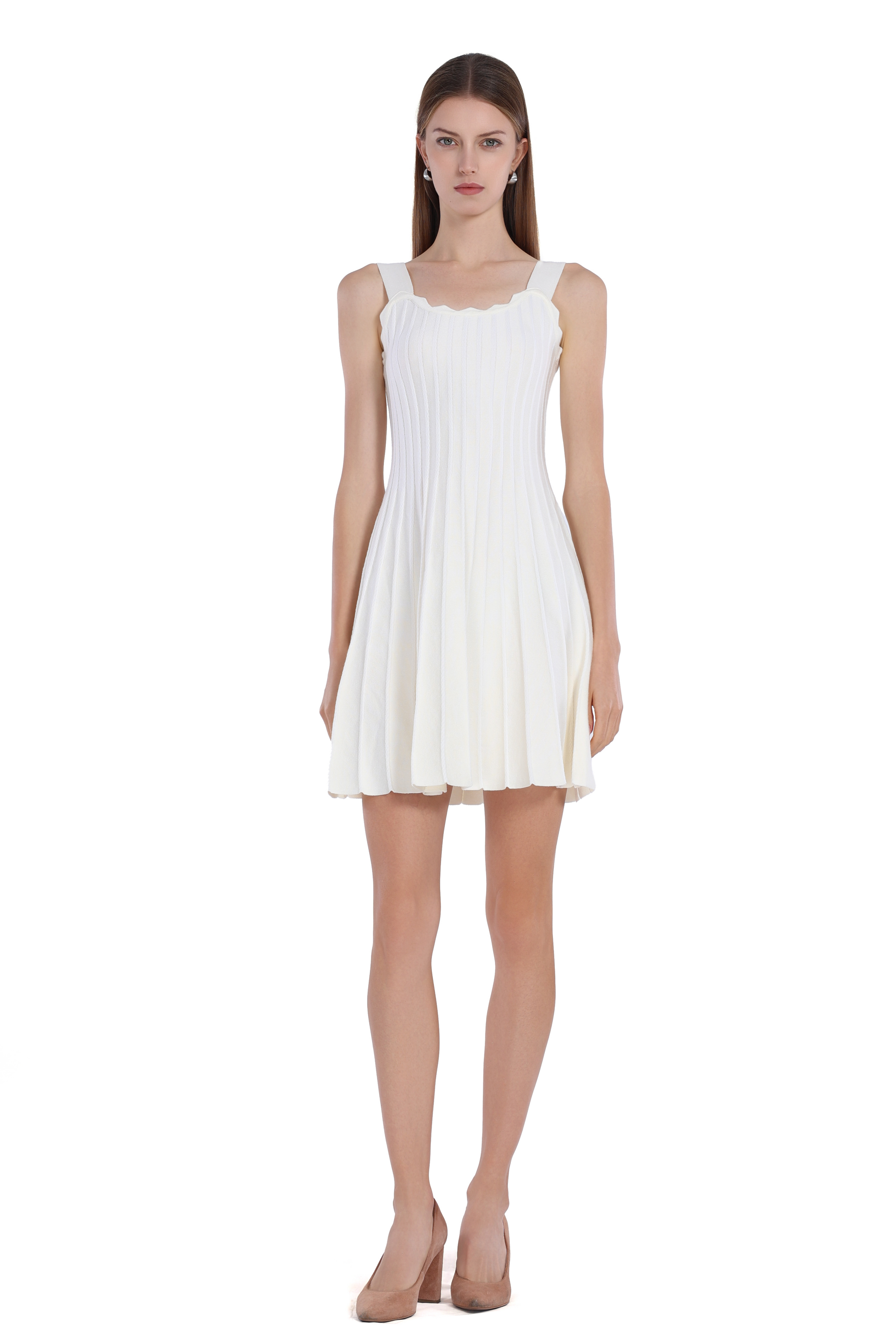 Scalloped Neckline Sleeveless Vertical Stripes A-Line Bodycon Knitted Mini Dress
