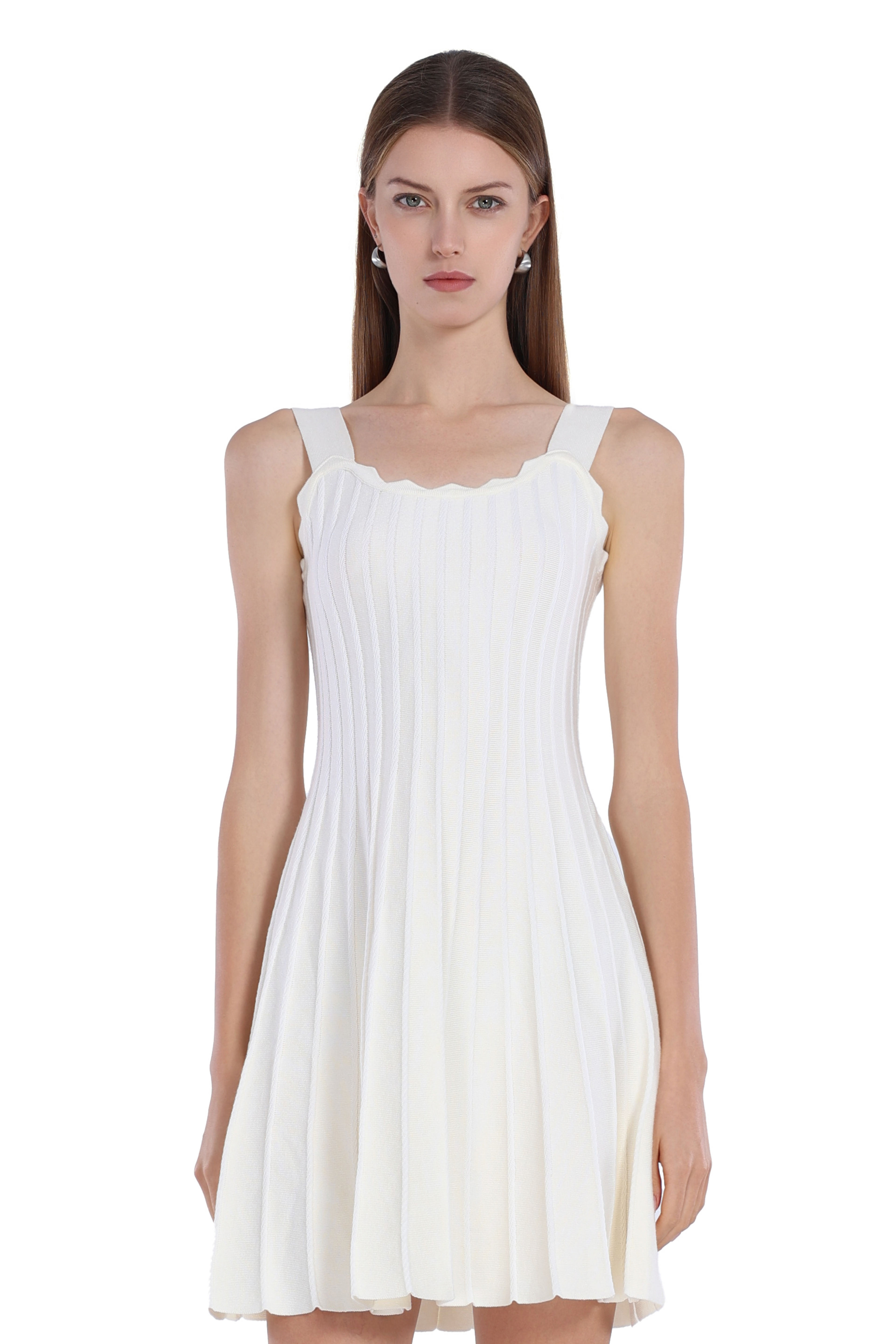 Scalloped Neckline Sleeveless Vertical Stripes A-Line Bodycon Knitted Mini Dress