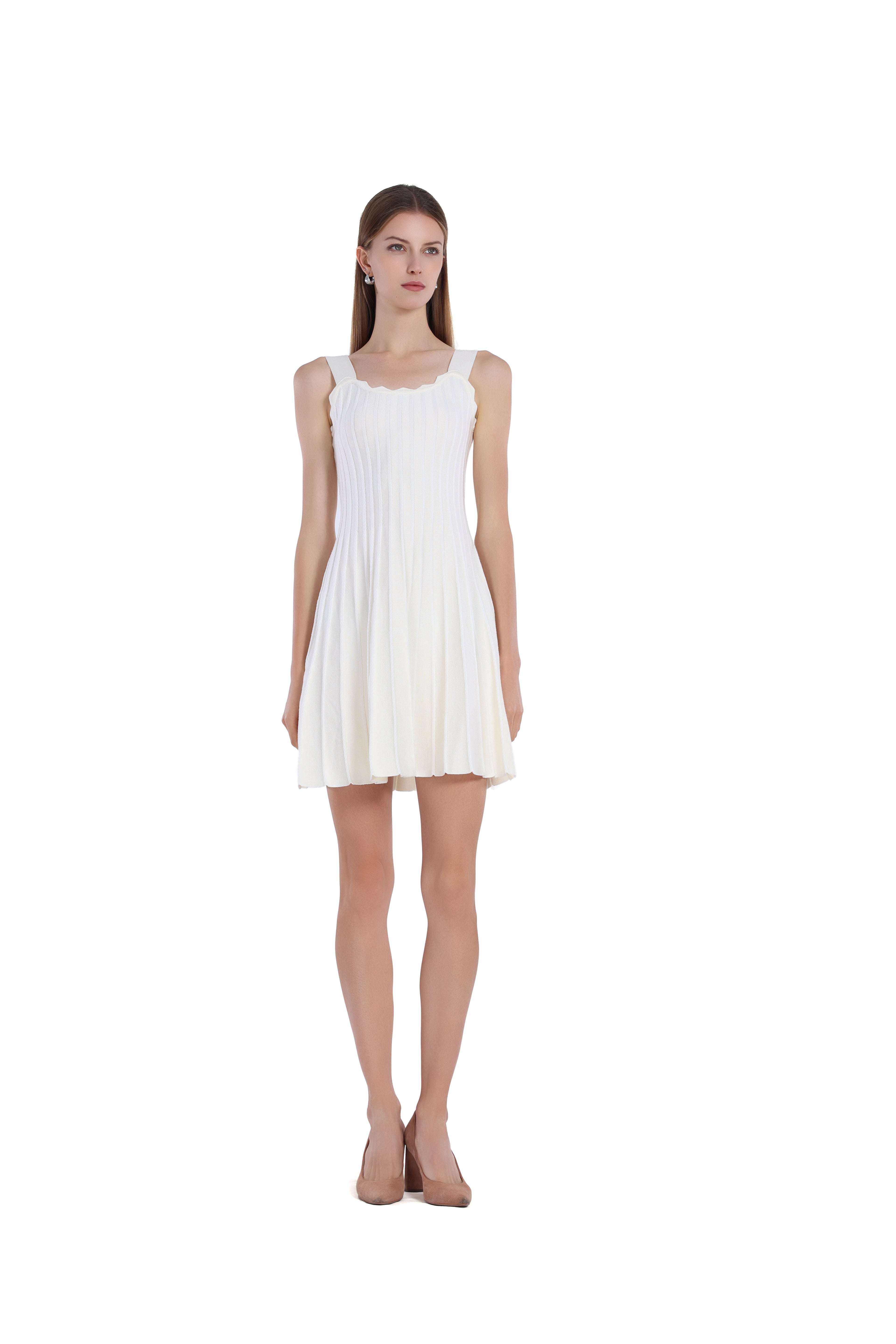Scalloped Neckline Sleeveless Vertical Stripes A-Line Bodycon Knitted Mini Dress