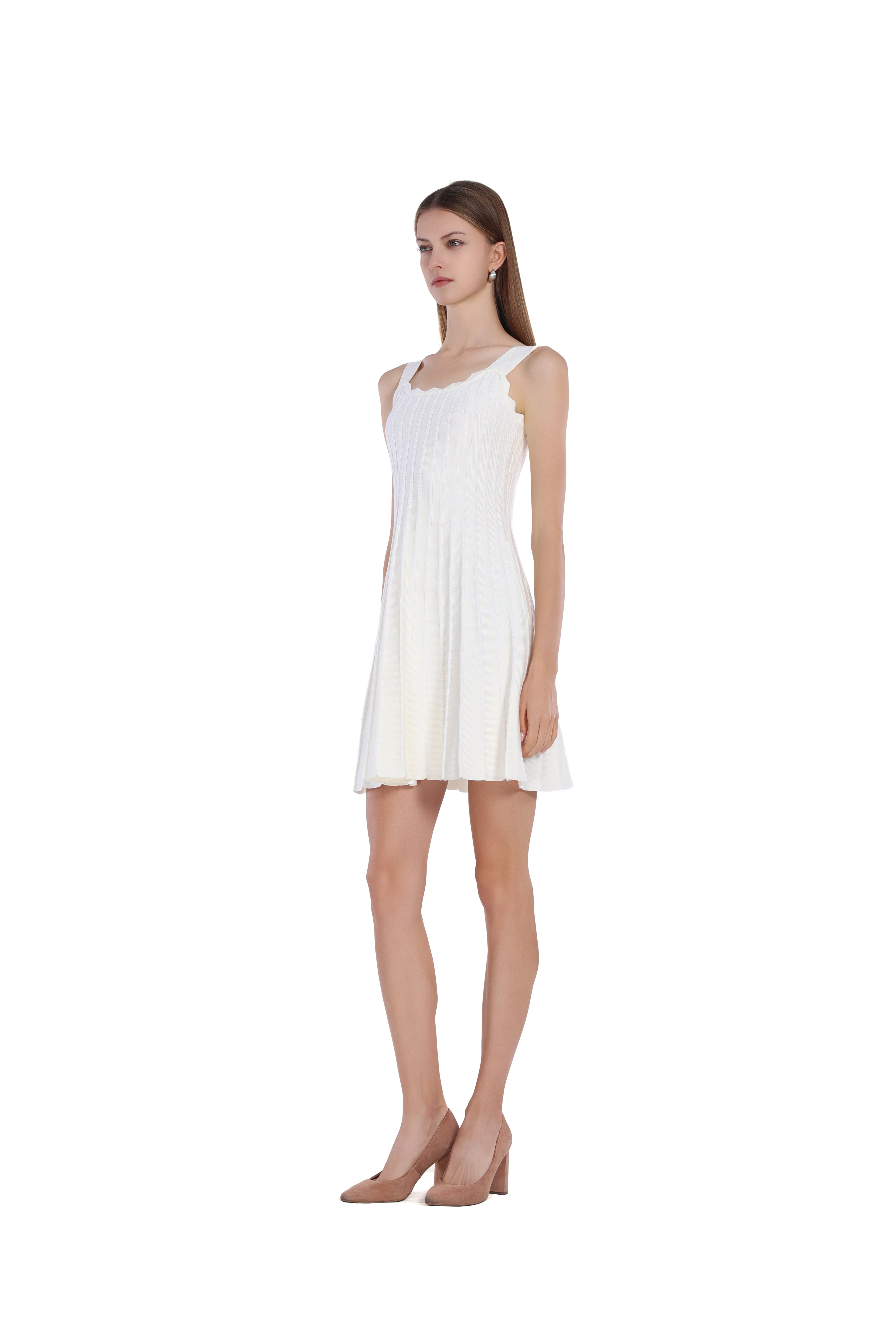 Scalloped Neckline Sleeveless Vertical Stripes A-Line Bodycon Knitted Mini Dress