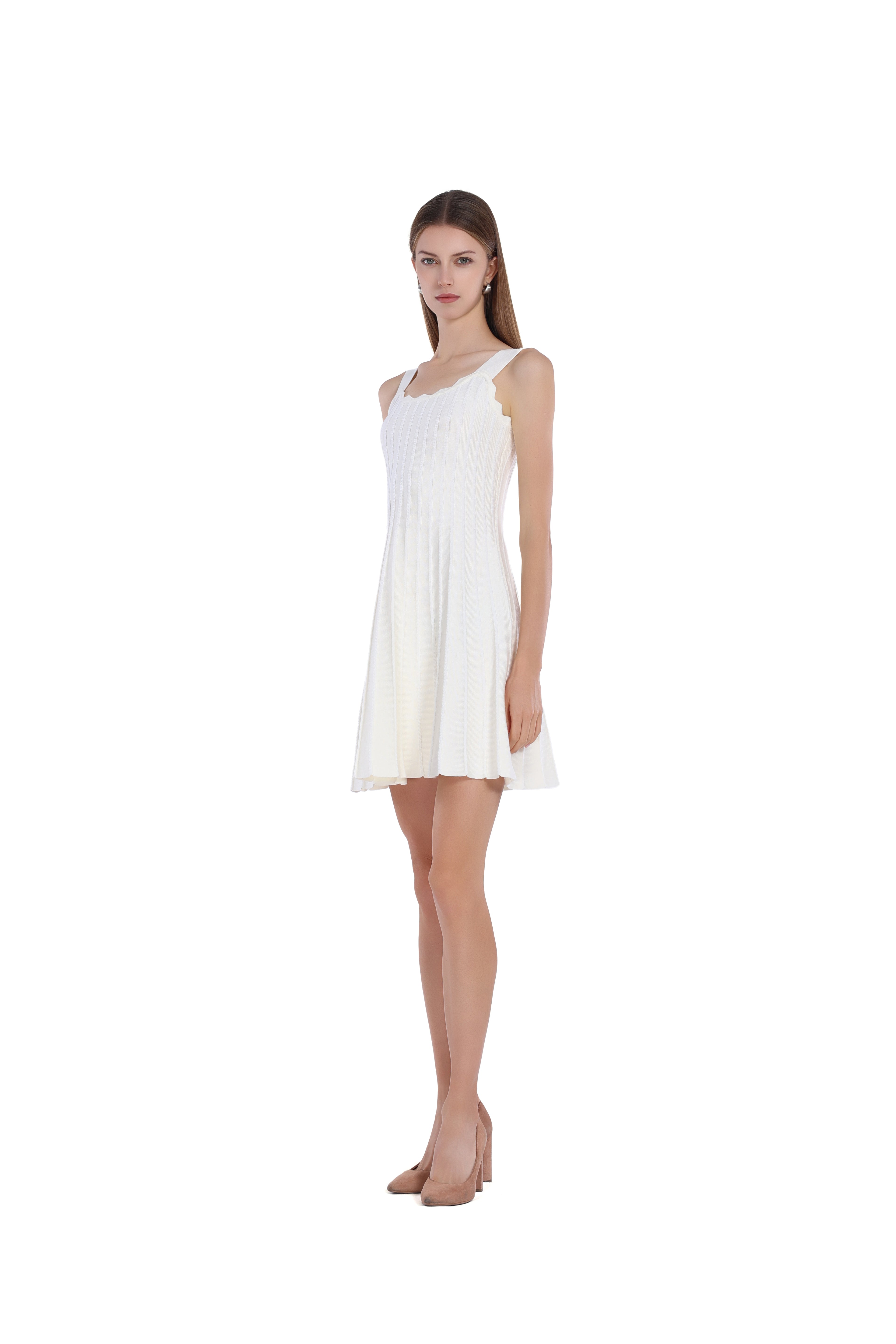 Scalloped Neckline Sleeveless Vertical Stripes A-Line Bodycon Knitted Mini Dress