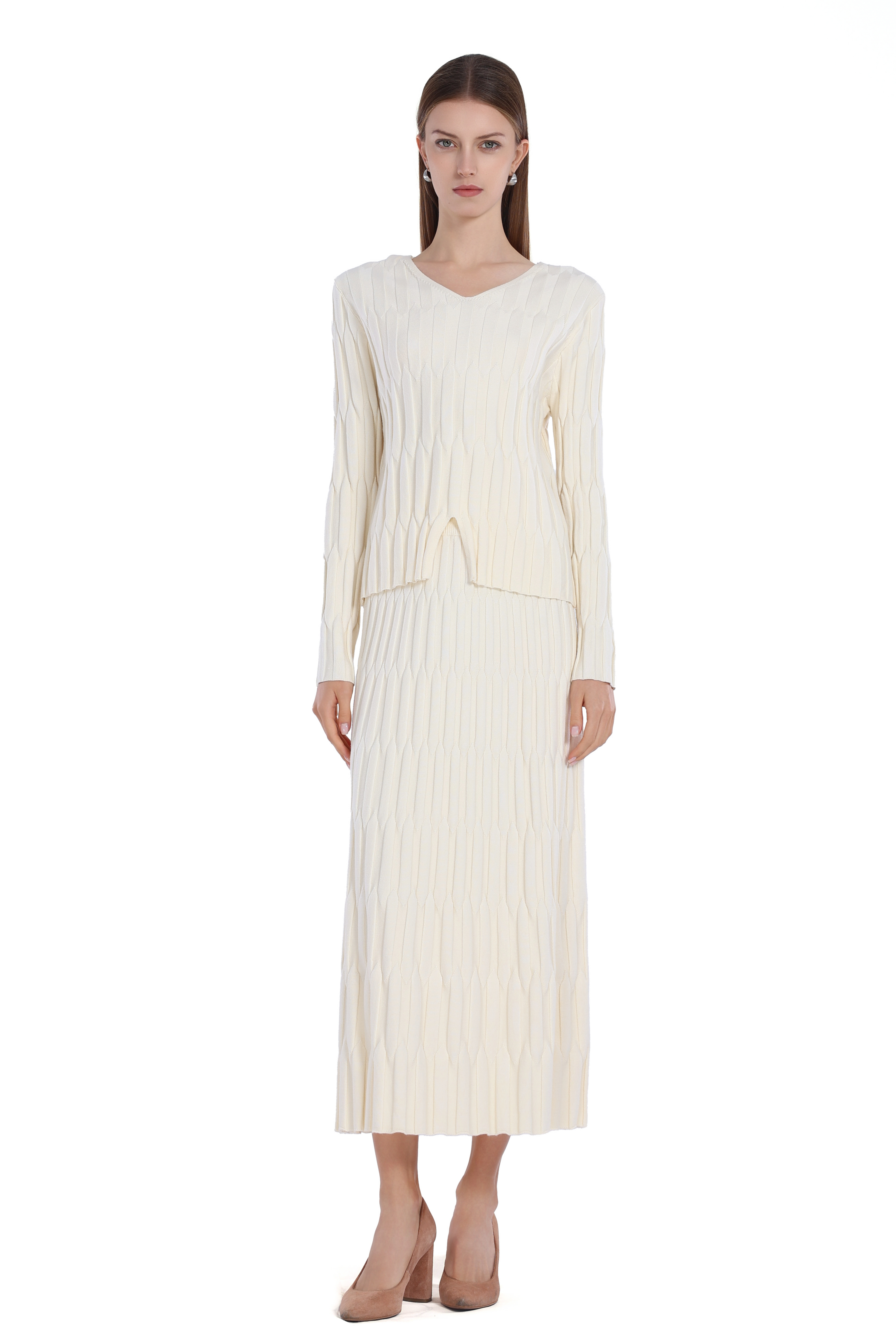 V-neck Asymmetric Hem Striped Ribbed Knitted Top & Skirt 2pics Suit
