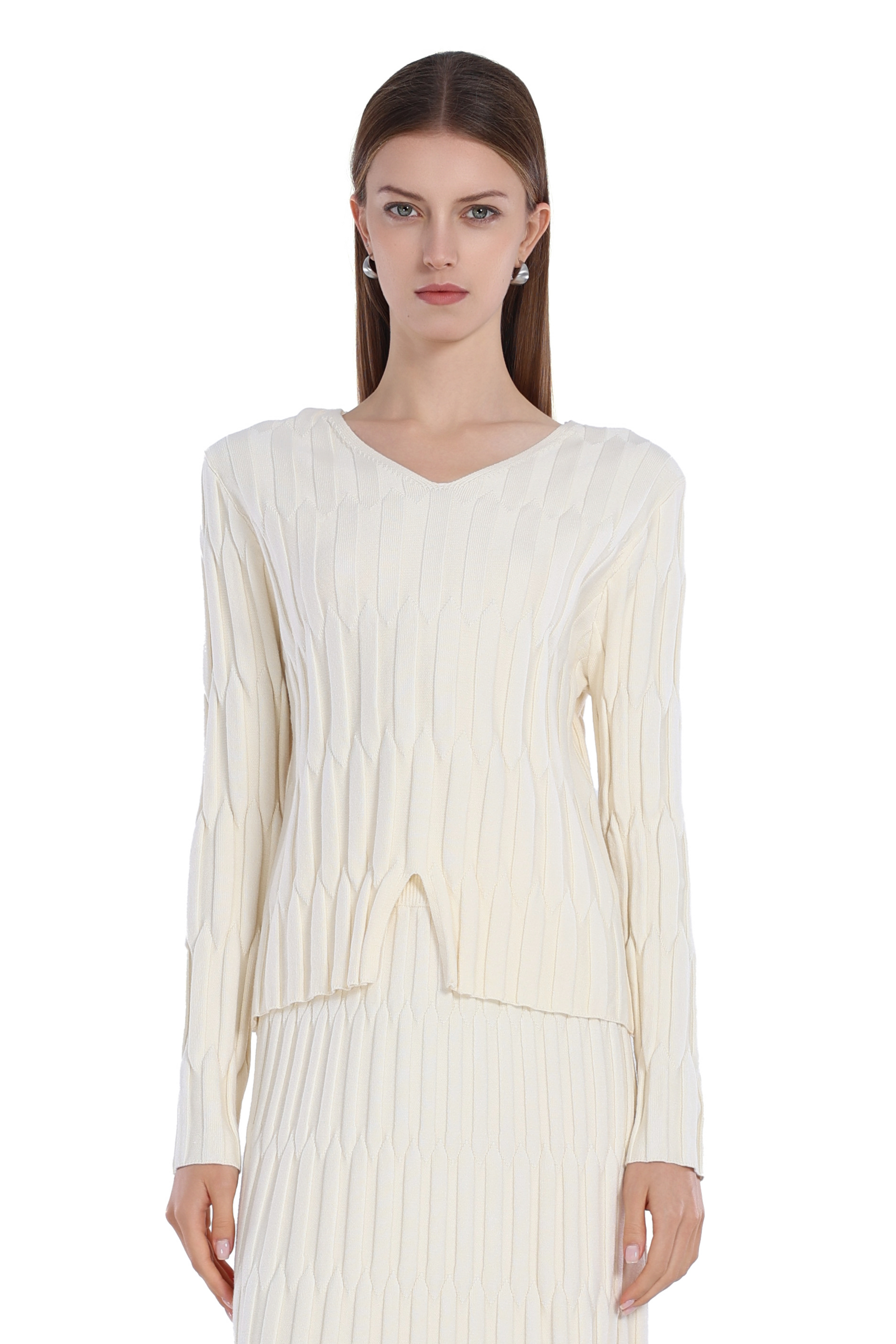 V-neck Asymmetric Hem Striped Ribbed Knitted Top & Skirt 2pics Suit