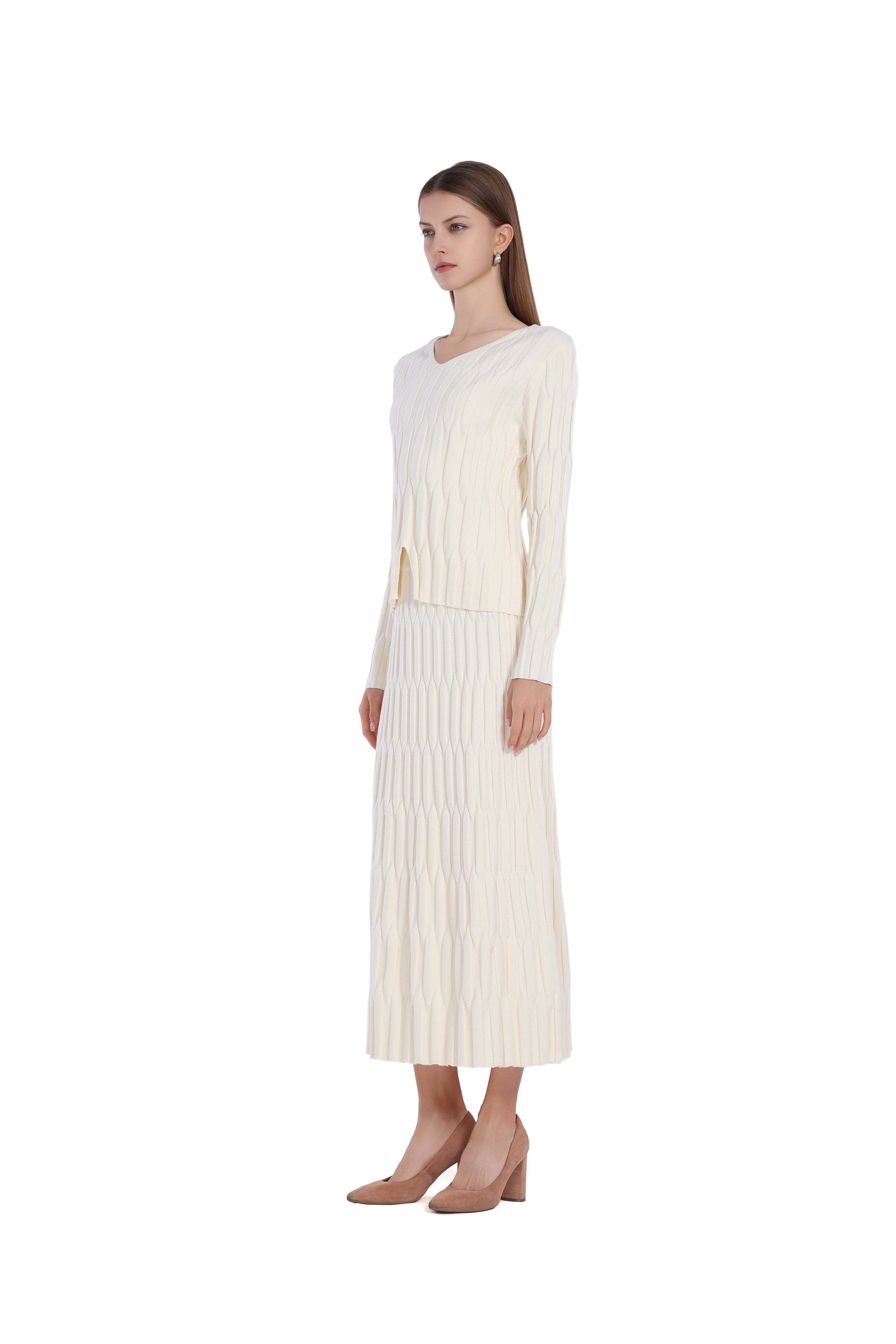 V-neck Asymmetric Hem Striped Ribbed Knitted Top & Skirt 2pics Suit