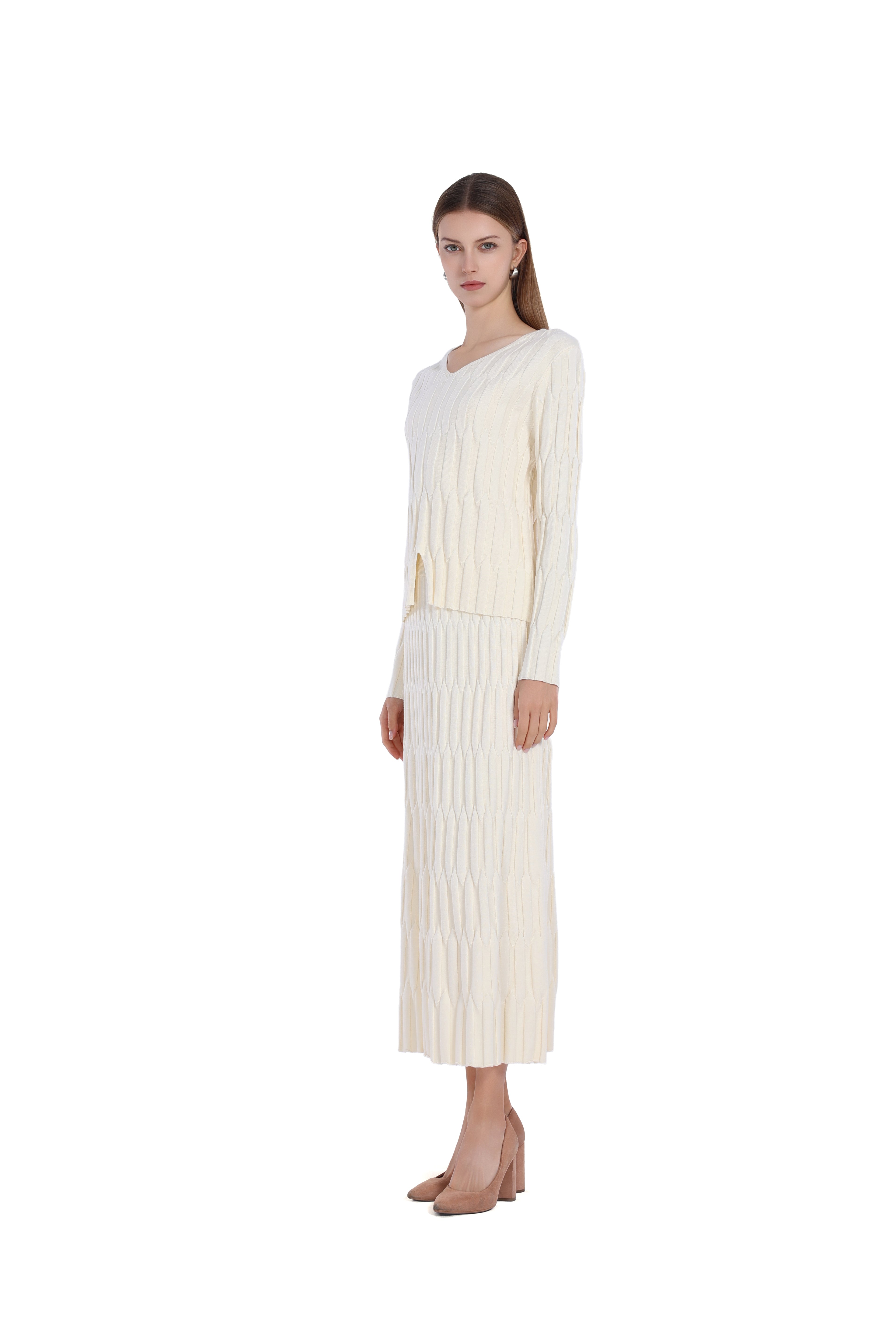V-neck Asymmetric Hem Striped Ribbed Knitted Top & Skirt 2pics Suit