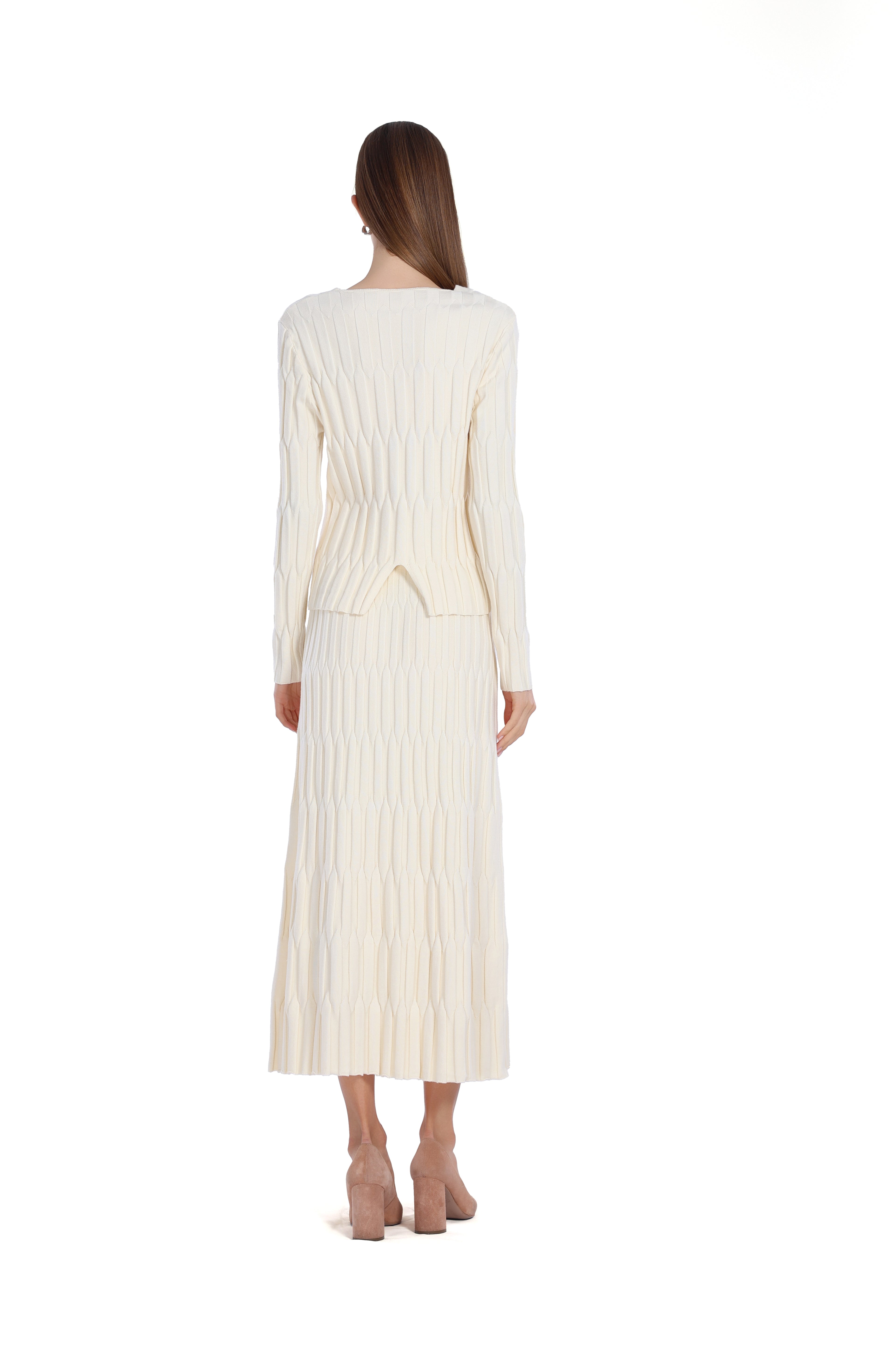 V-neck Asymmetric Hem Striped Ribbed Knitted Top & Skirt 2pics Suit