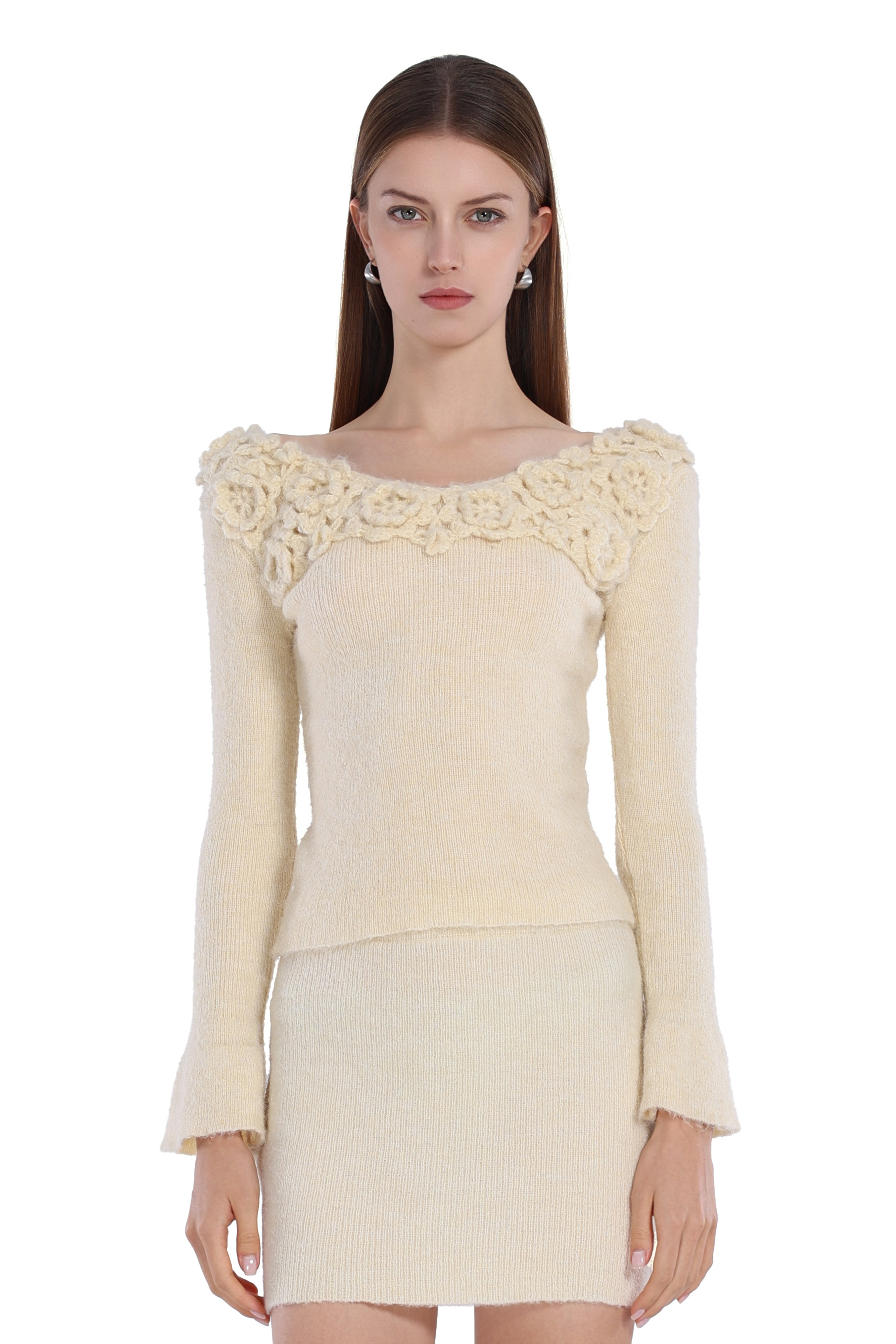 Boat Neck Long Sleeve 3D Floral Ribbed Knitted Top & Skirt 2pics Suit