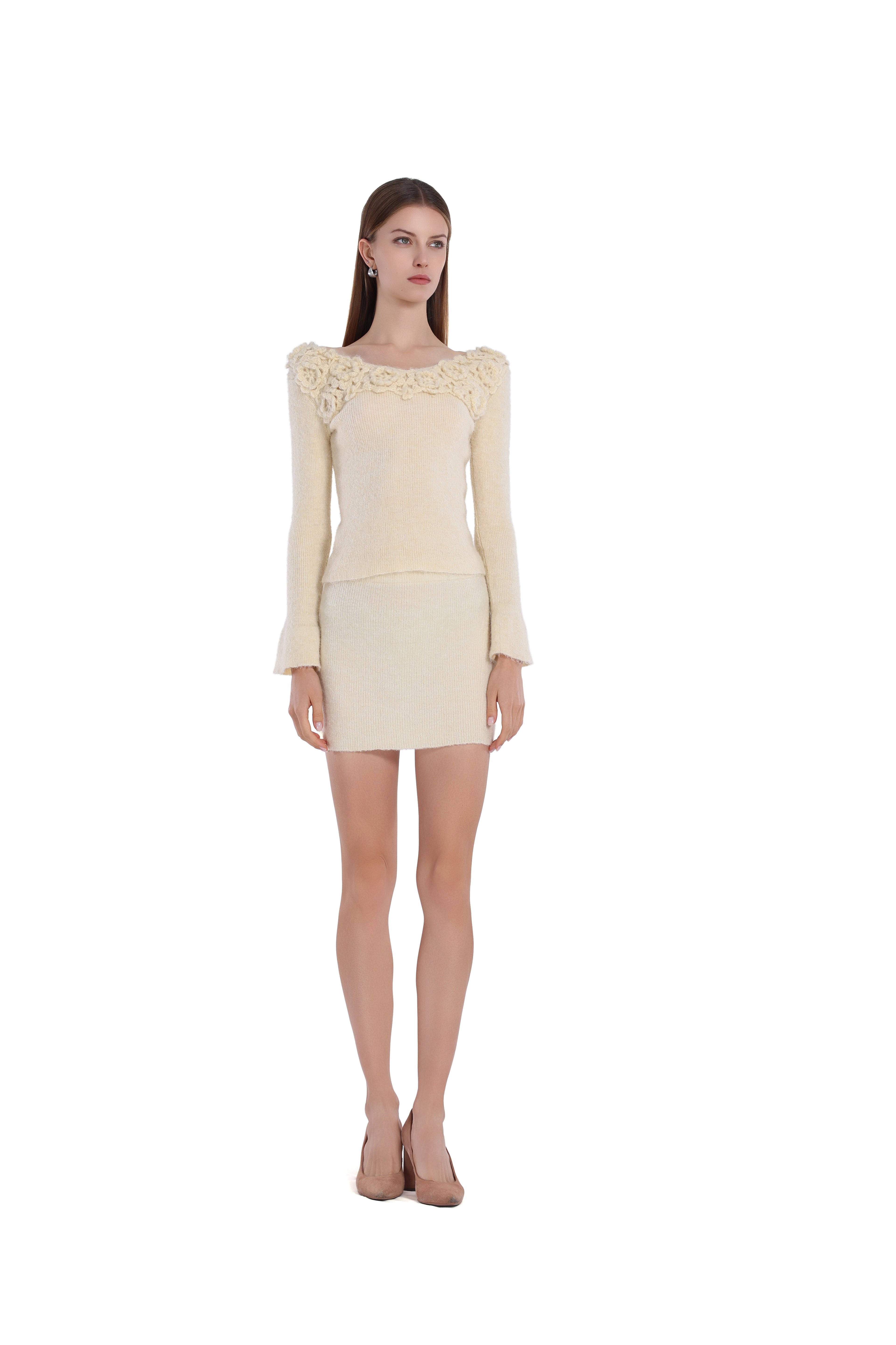 Boat Neck Long Sleeve 3D Floral Ribbed Knitted Top & Skirt 2pics Suit