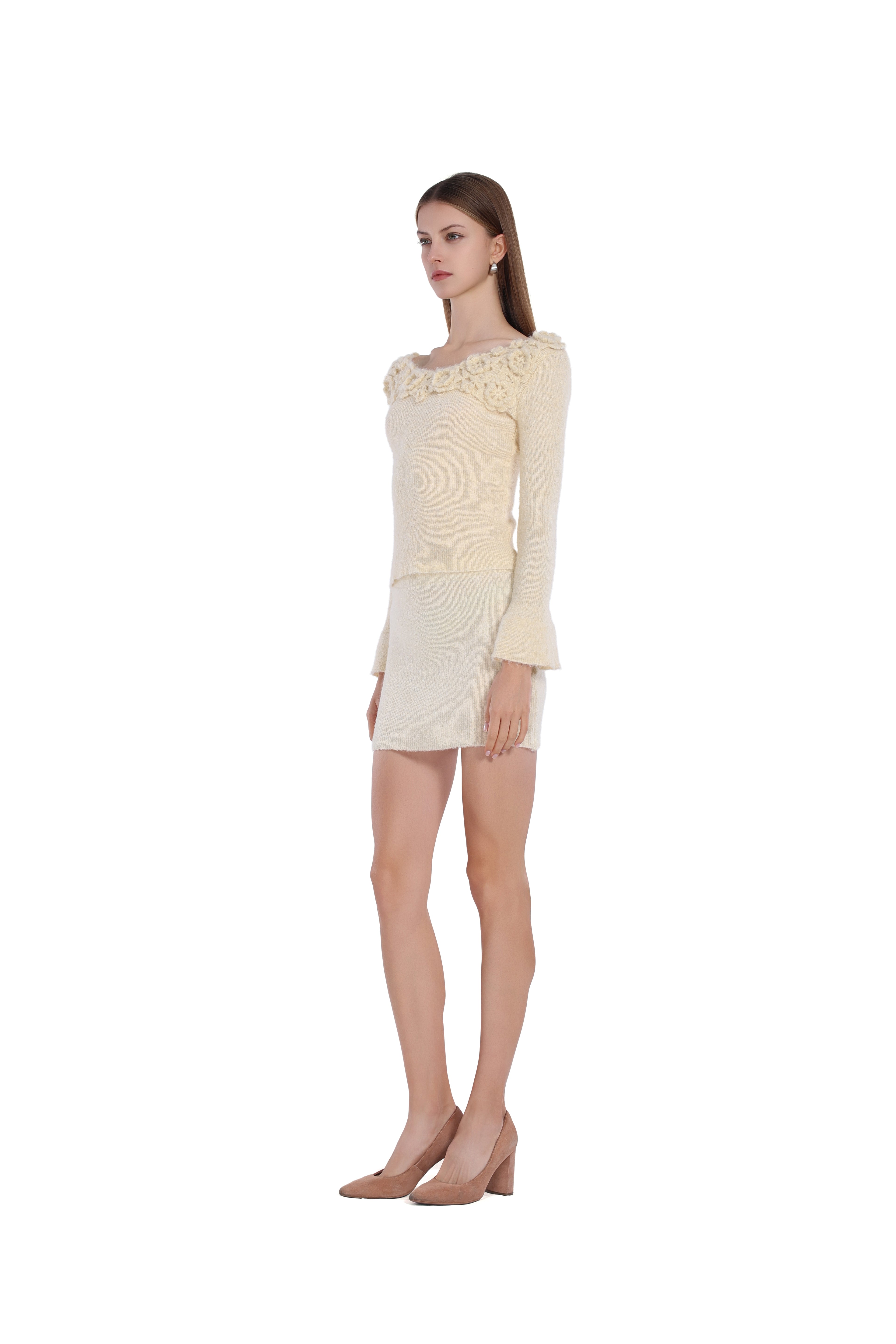 Boat Neck Long Sleeve 3D Floral Ribbed Knitted Top & Skirt 2pics Suit