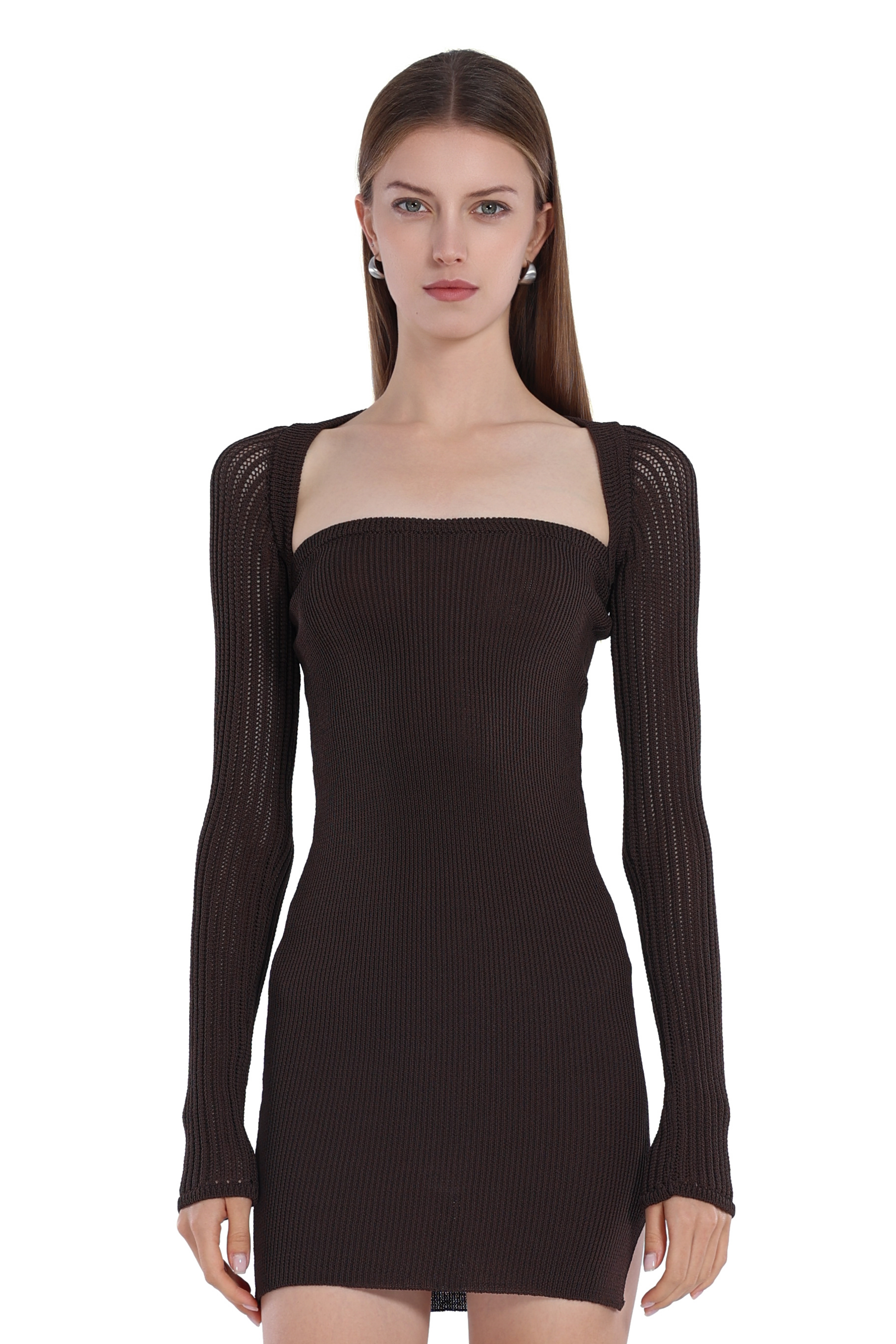 Square-Neck Long Sleeve Cut-out Low-back Bodycon Dress