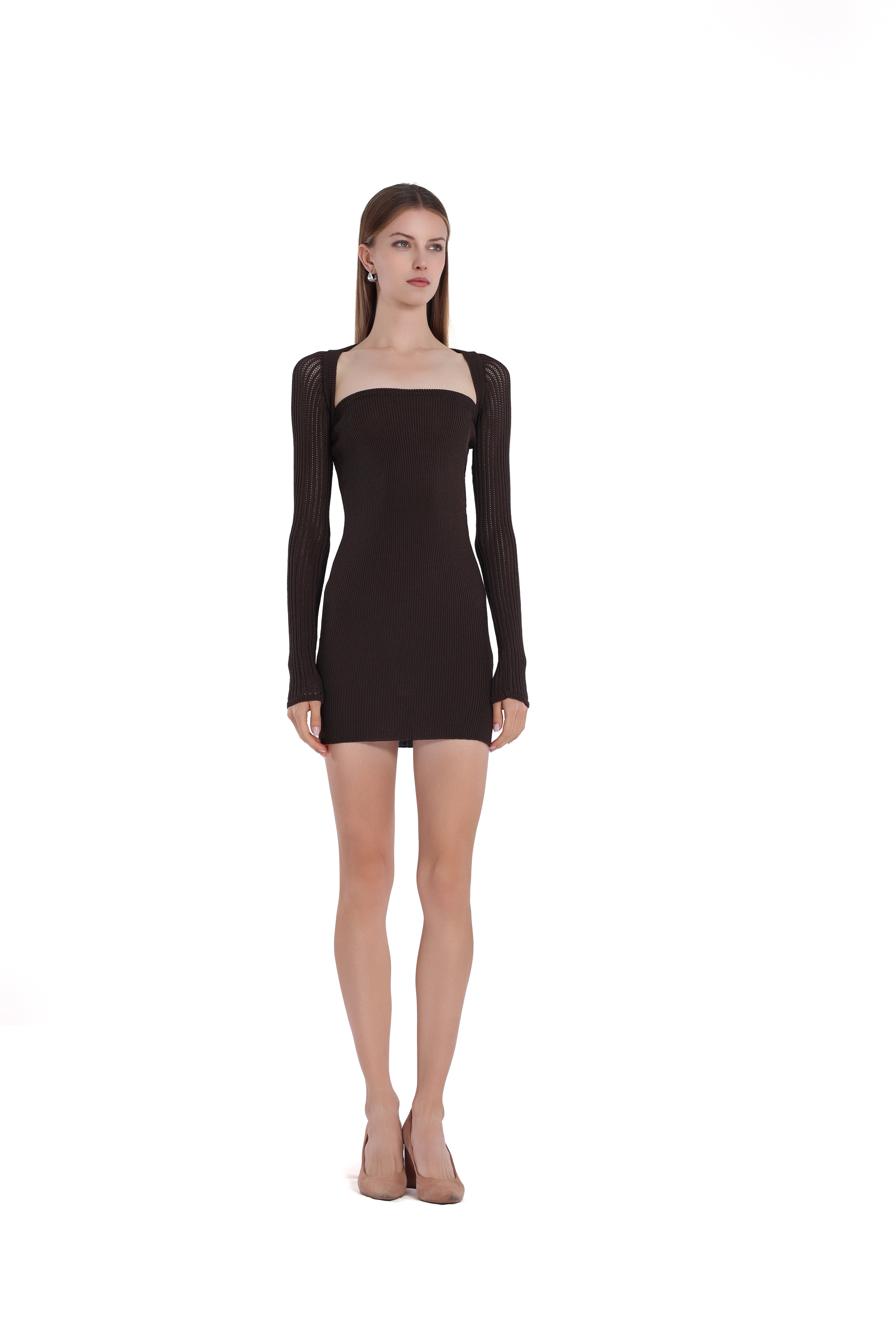 Square-Neck Long Sleeve Cut-out Low-back Bodycon Dress