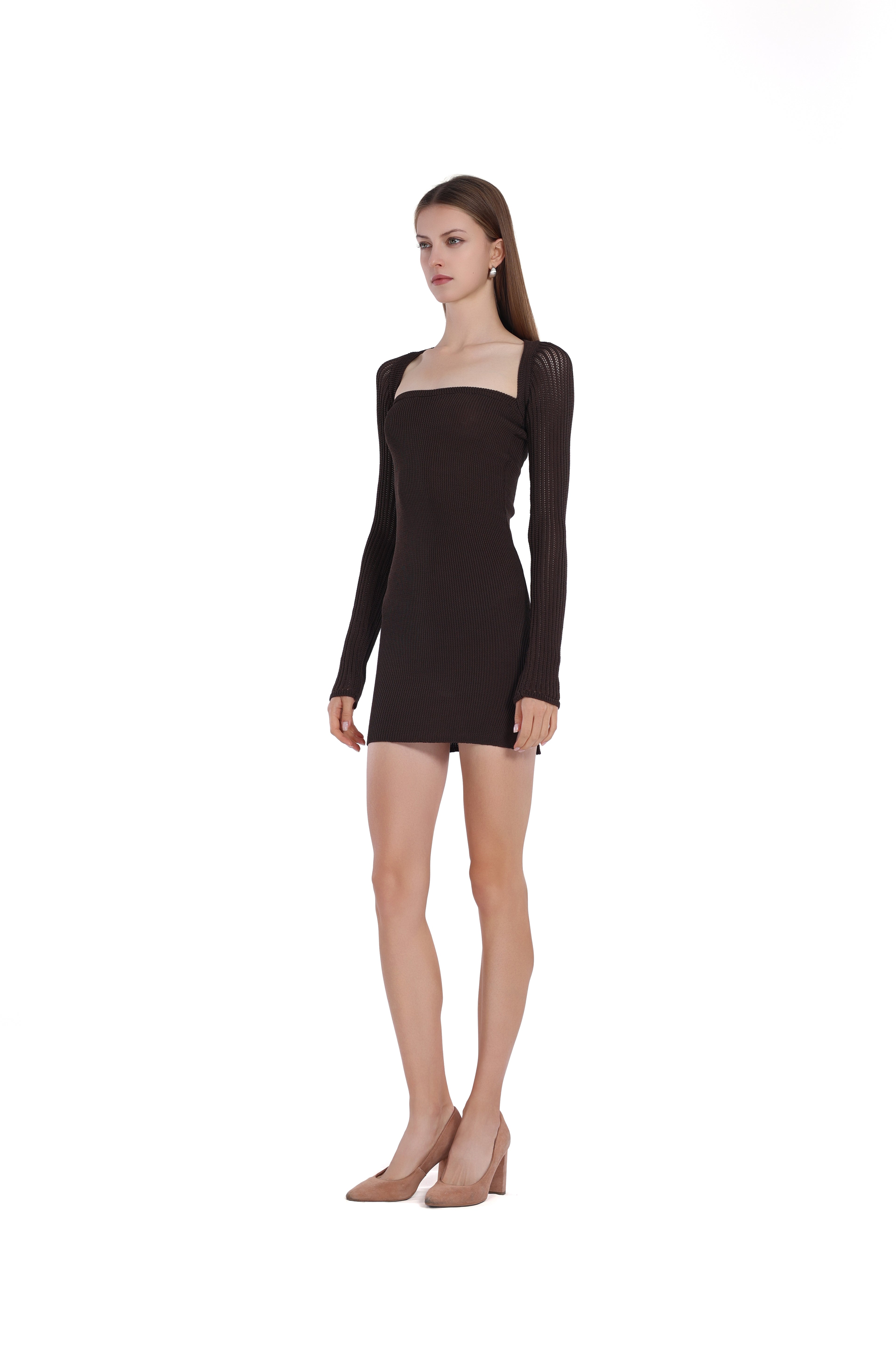 Square-Neck Long Sleeve Cut-out Low-back Bodycon Dress