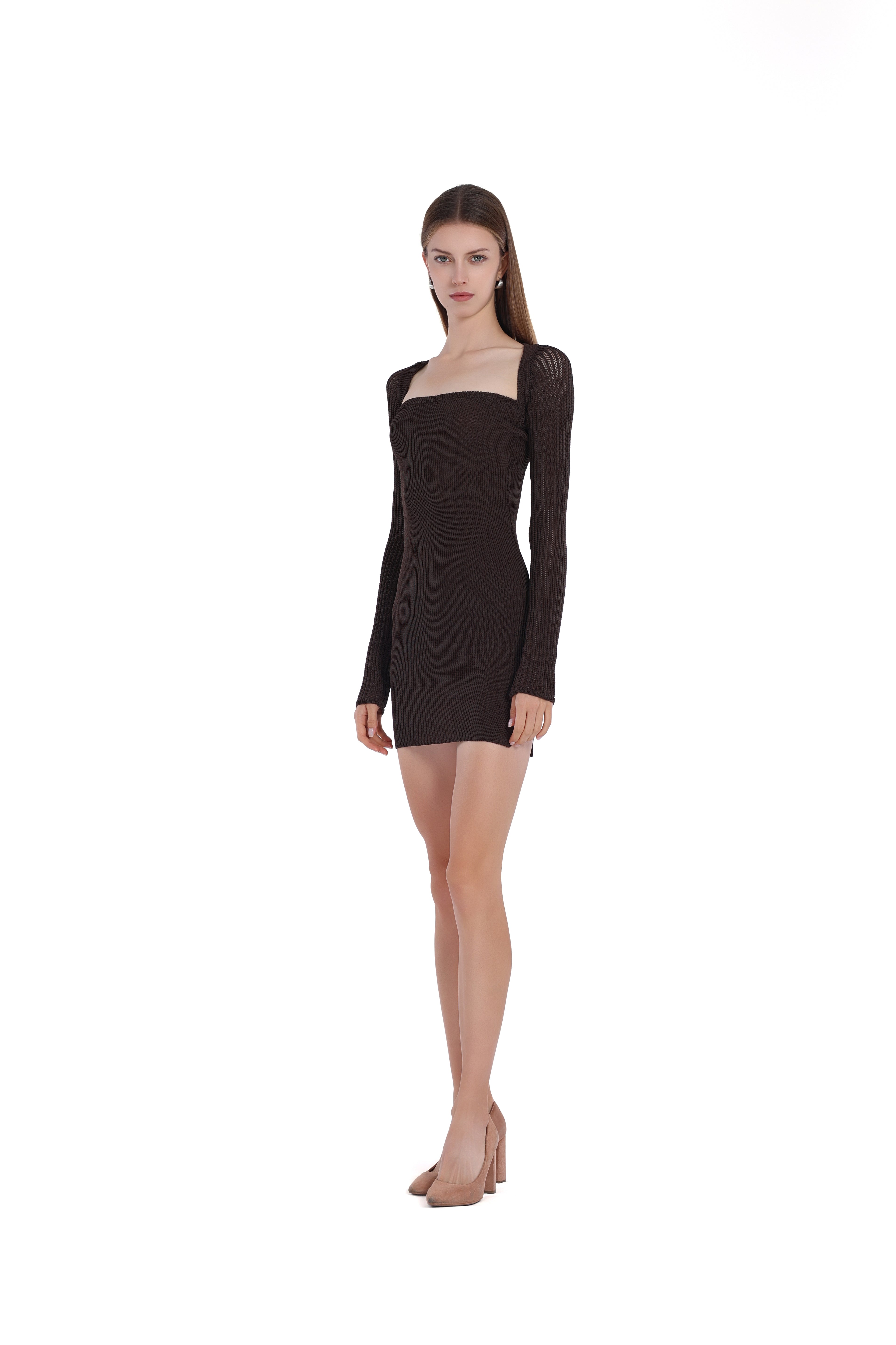 Square-Neck Long Sleeve Cut-out Low-back Bodycon Dress