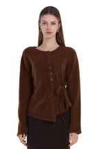 Asymmetric Hem Long Sleeve Tie-waist Button Placket Knitted Top