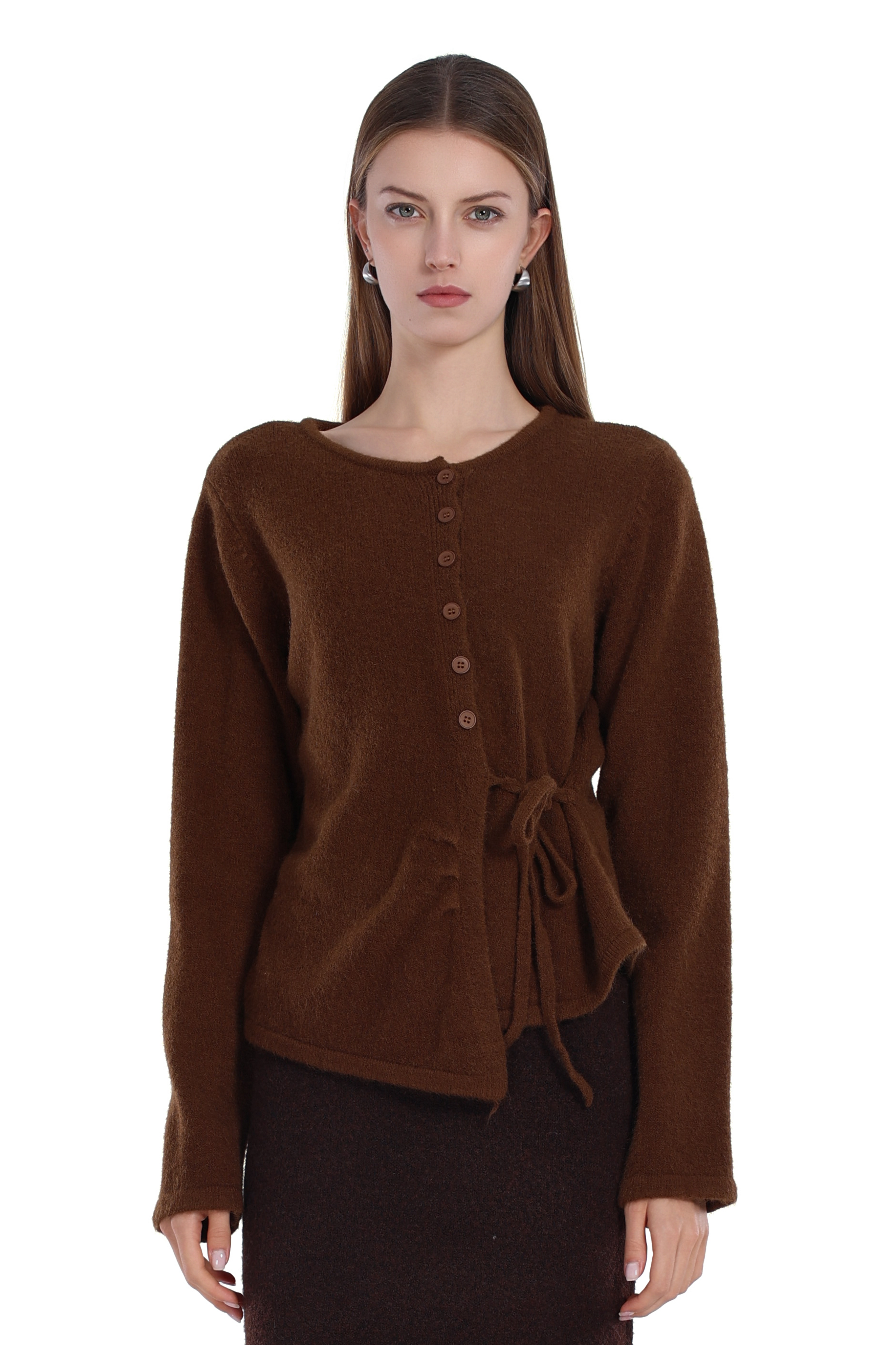 Asymmetric Hem Long Sleeve Tie-waist Button Placket Knitted Top