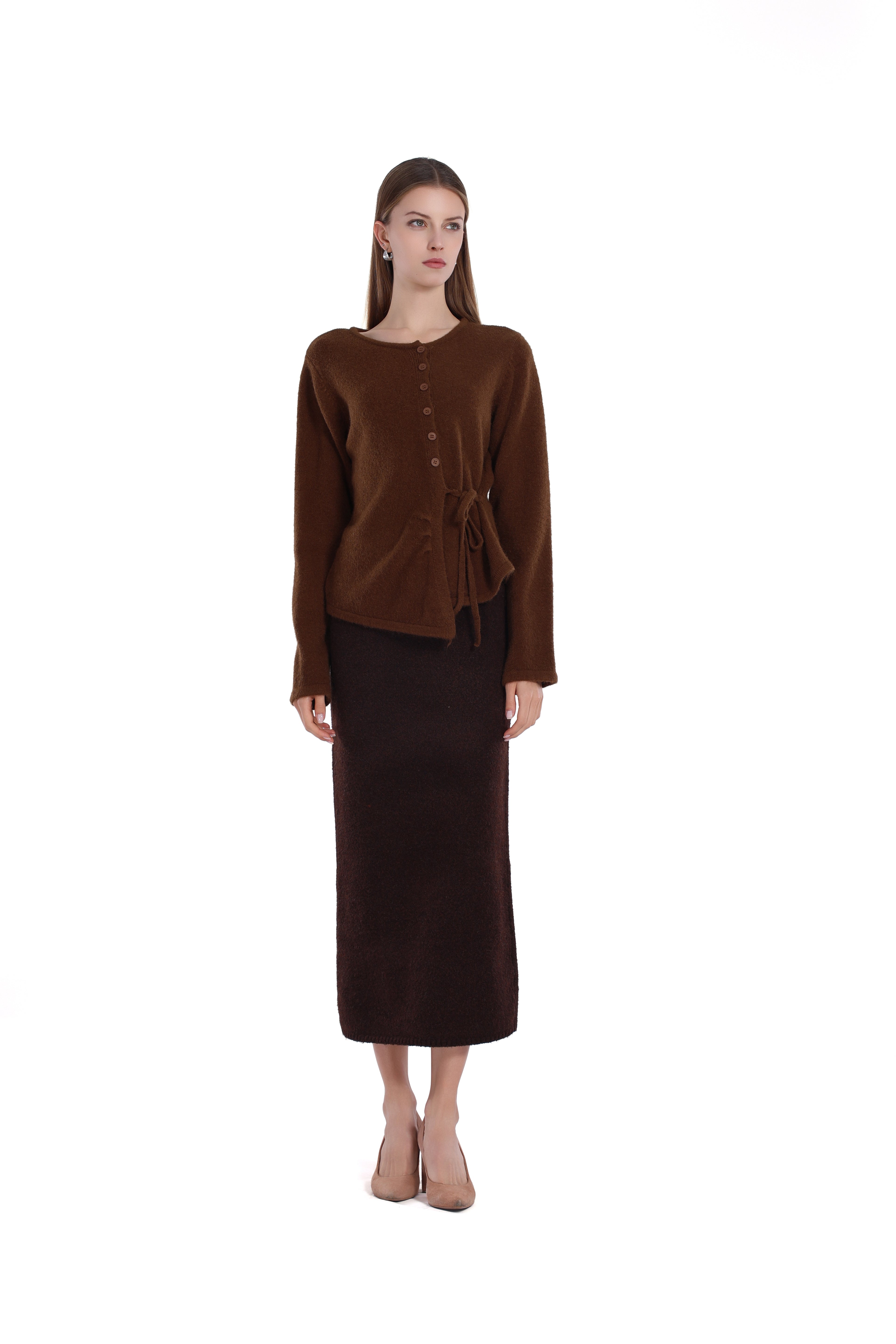 Asymmetric Hem Long Sleeve Tie-waist Button Placket Knitted Top