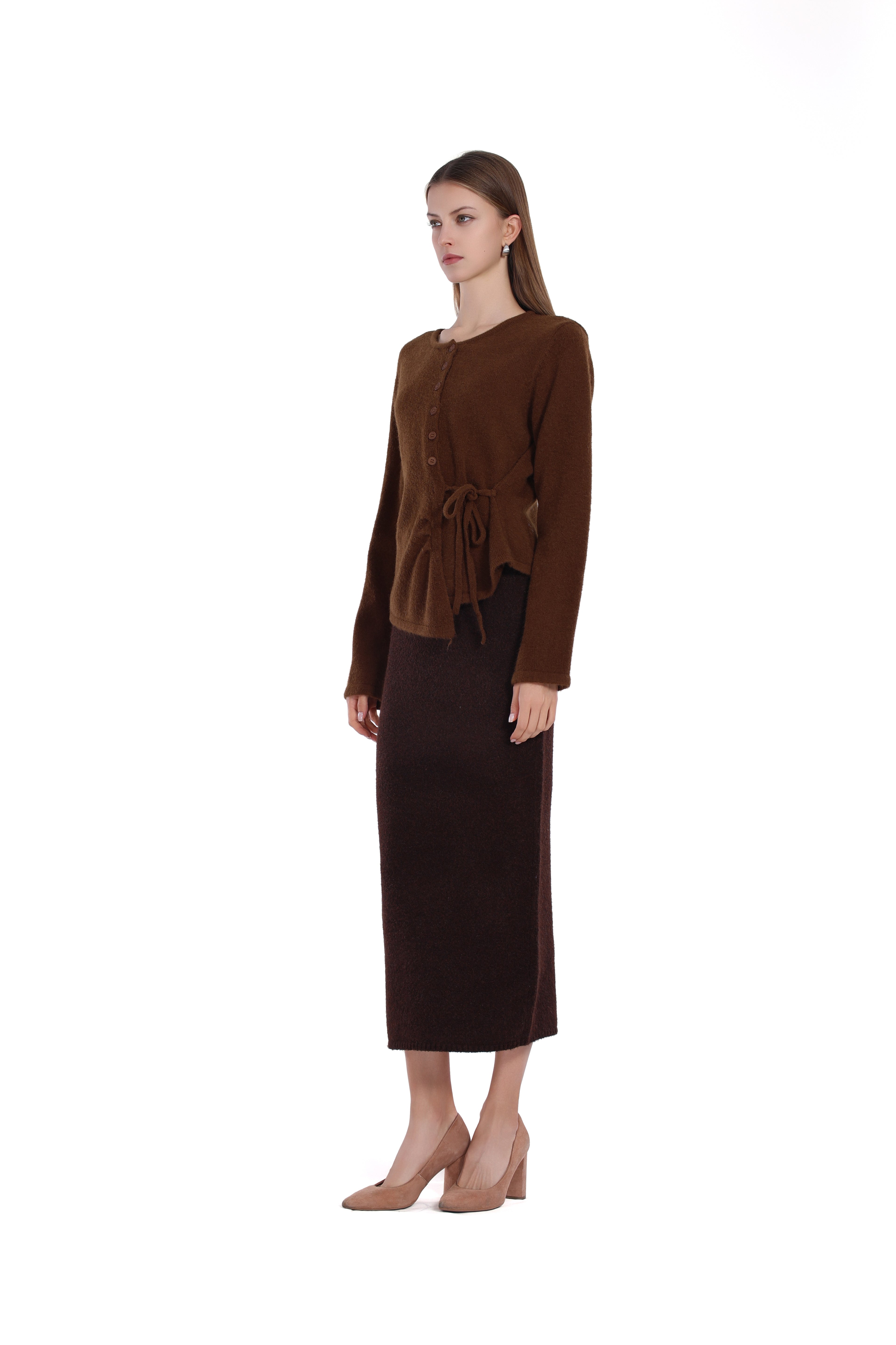 Asymmetric Hem Long Sleeve Tie-waist Button Placket Knitted Top