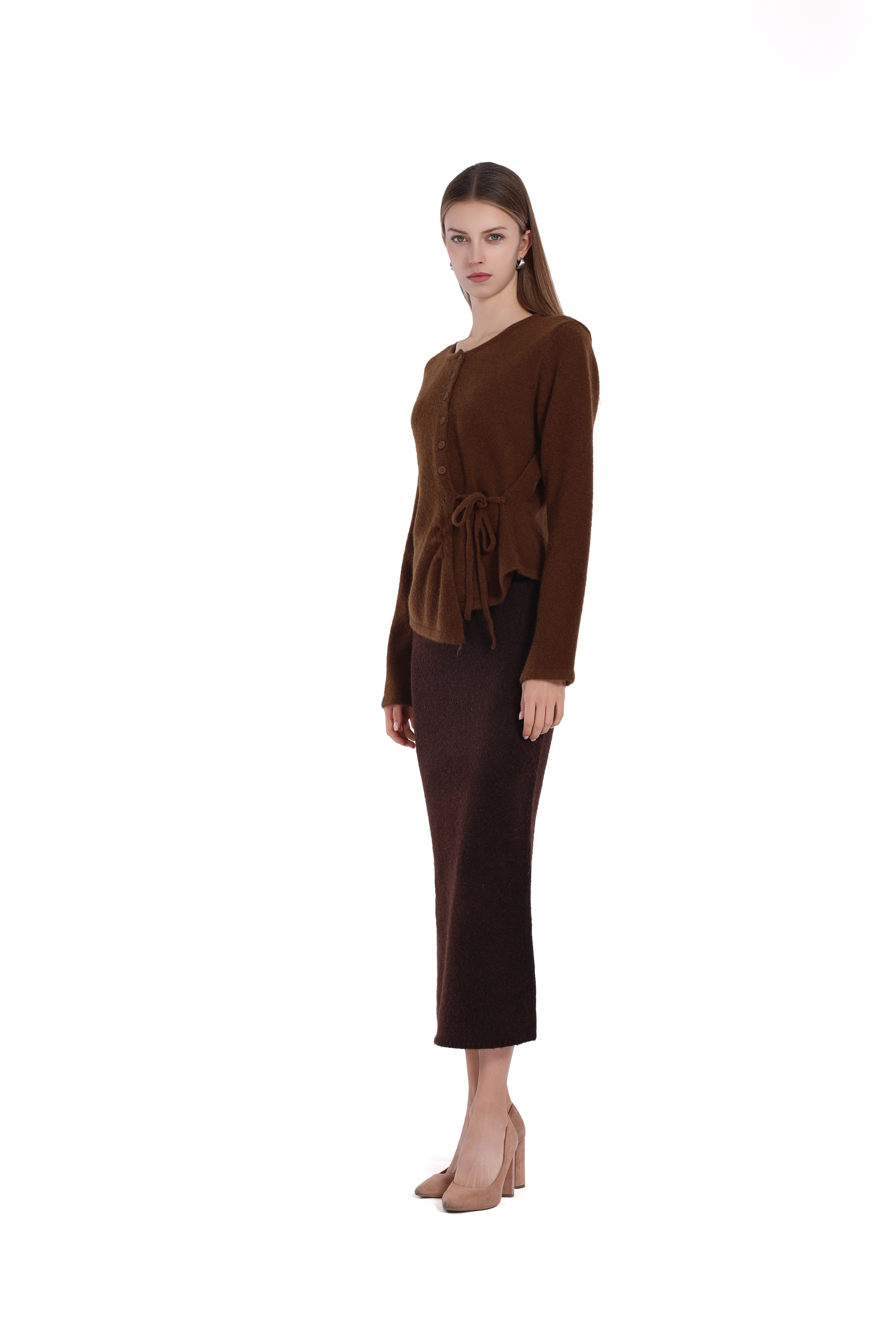 Asymmetric Hem Long Sleeve Tie-waist Button Placket Knitted Top