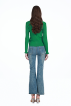 Ruffle Trim V-neck Long Sleeve Covered Buttons Knitted Cardigan